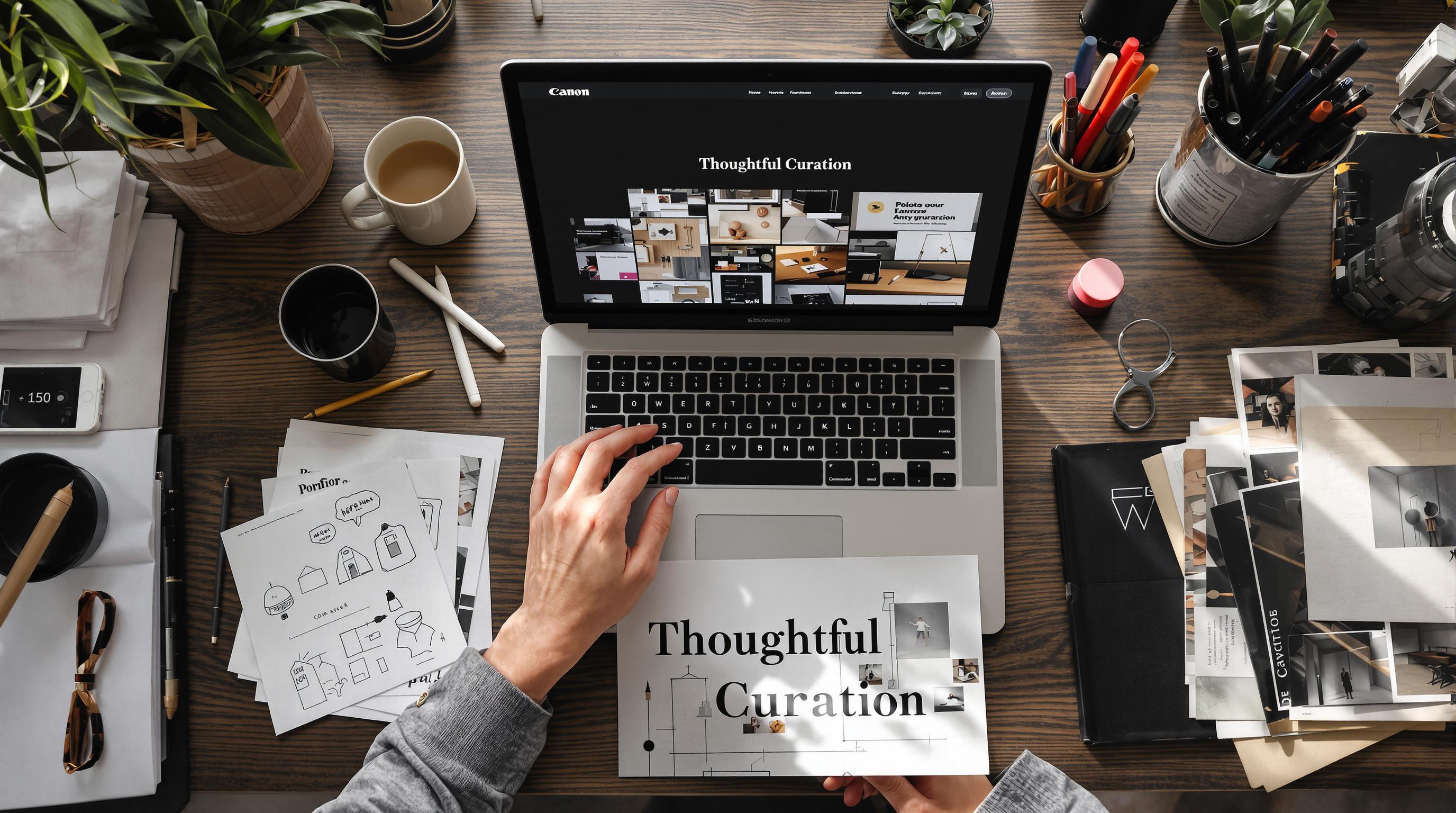 Designer curates portfolio materials and site with 'Thoughtful Curation'