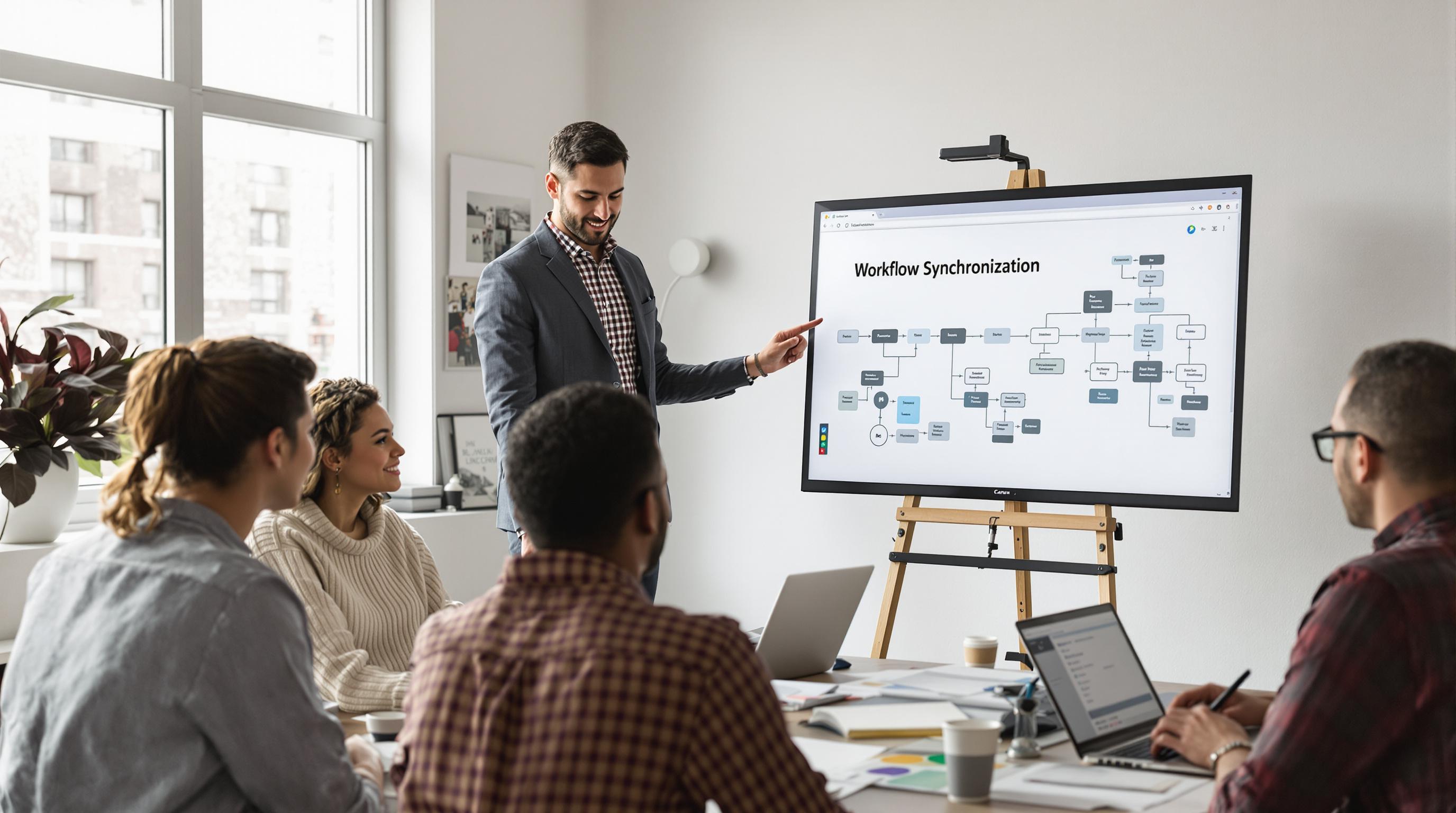 Creative professionals synchronizing workflows in agency meeting room