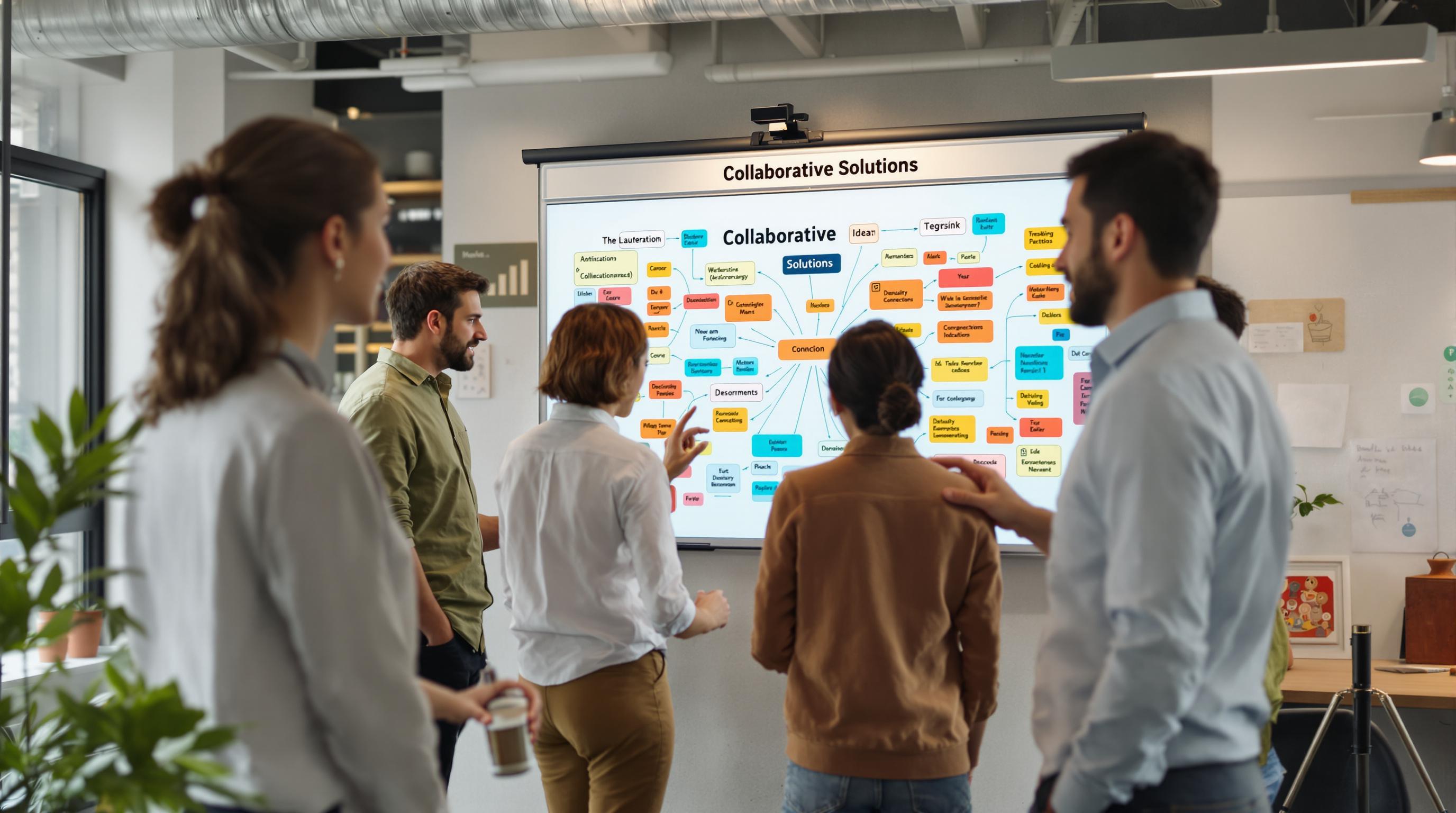 Creative team collaborates around mind map labeled 'Collaborative Solutions'