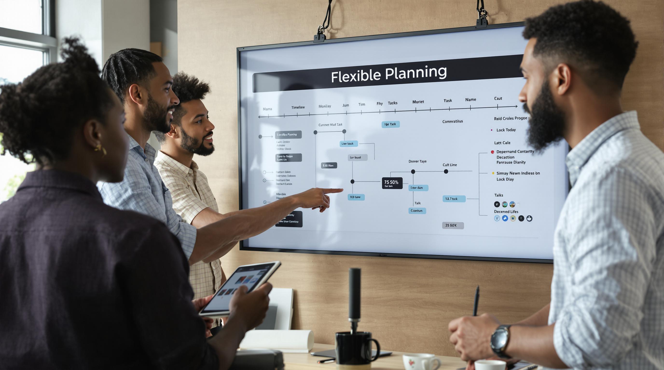 Creative professionals collaborate using digital project management tool with 'Flexible Planning' text overlay.
