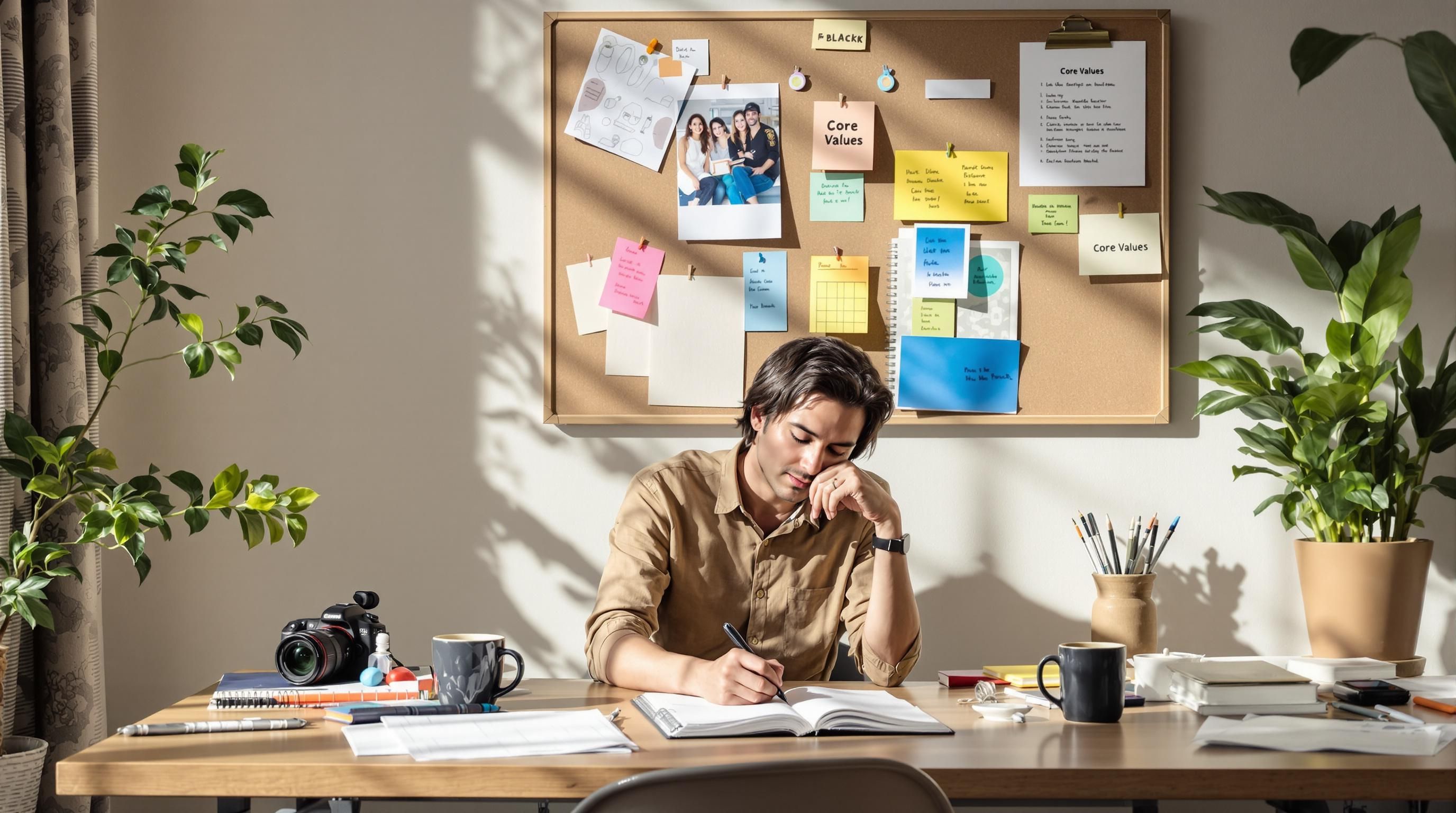 Creative professional writing in home office with 'Core Values' card displayed