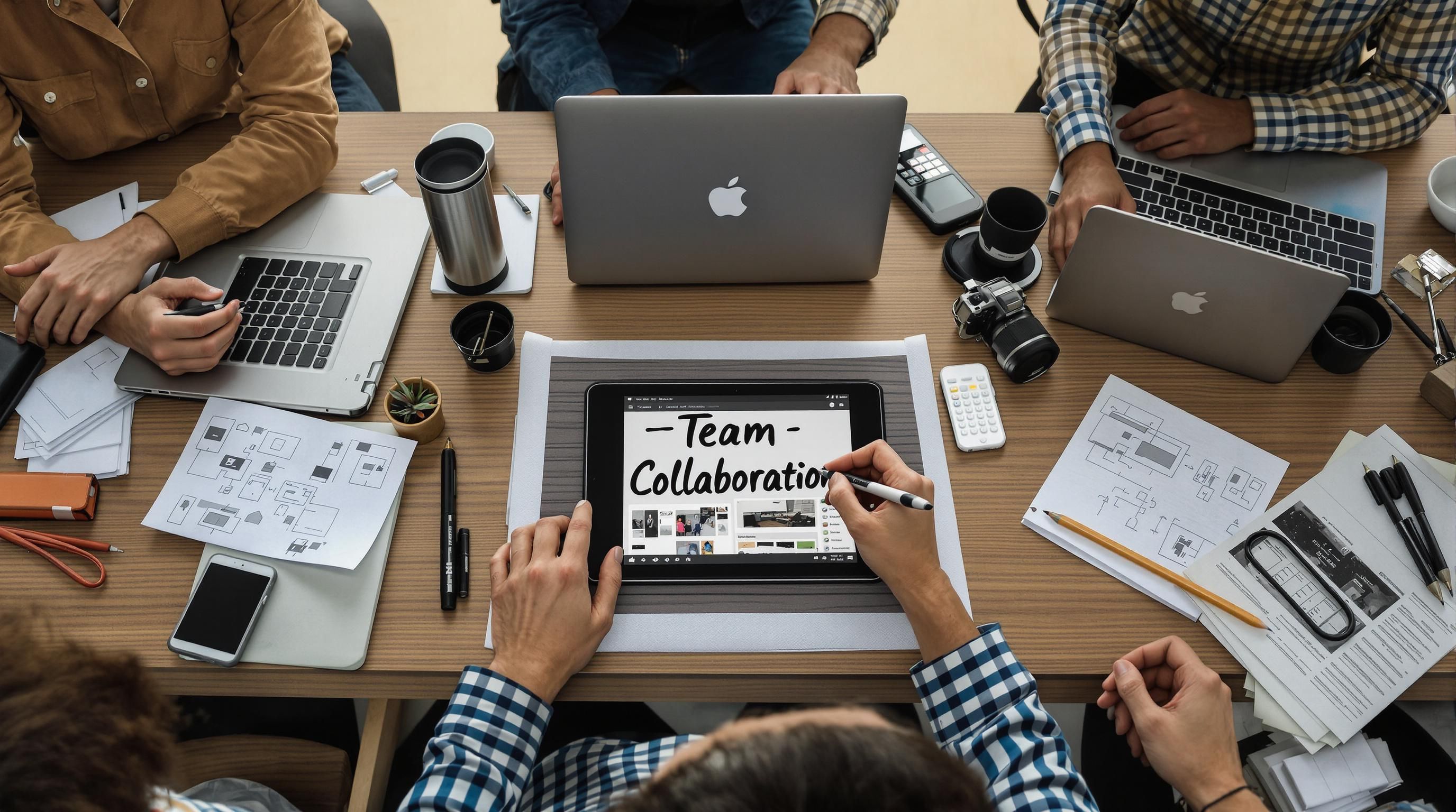 Creative group annotating digital design with 'Team Collaboration' overlay