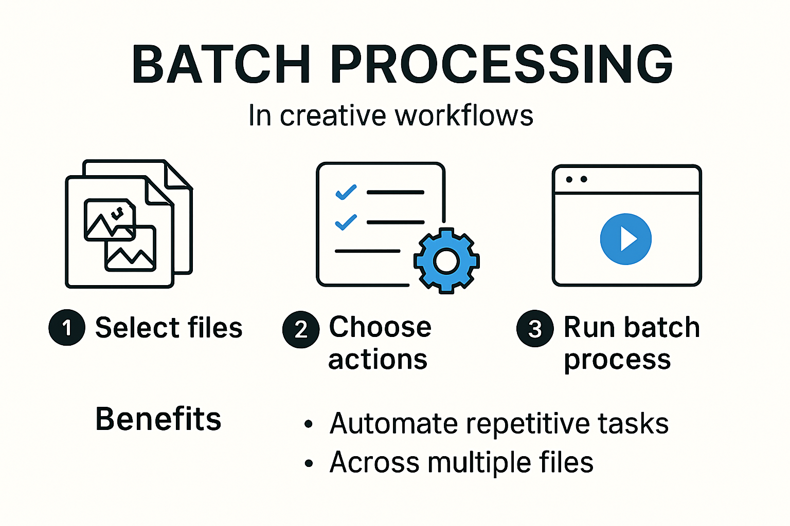 Infographic showing batch processing workflow steps and benefits