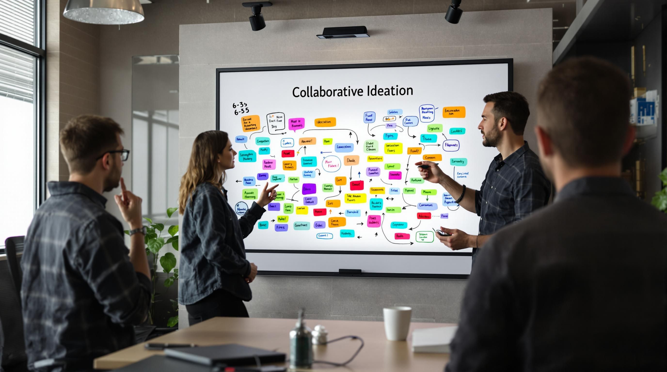 Team collaborating with digital whiteboard labeled 'Collaborative Ideation'