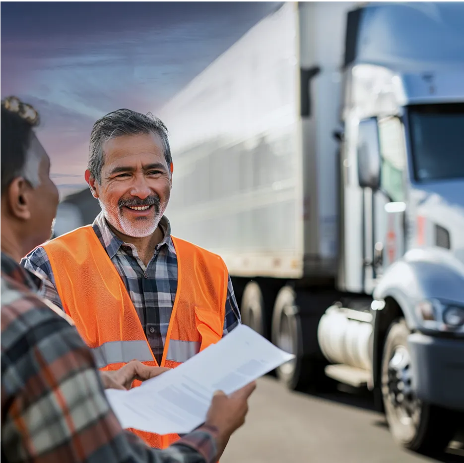 Two people in orange safety vests and plaid shirts standing in front of a white semi-truck during sunset or sunrise; one is showing a document to the other, suggesting a transportation or logistics inspection.