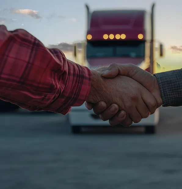 Two people shaking hands in front of a red semi-truck with headlights on; one wears a red plaid shirt, the other a gray shirt—symbolizing partnership or agreement in a transportation setting.