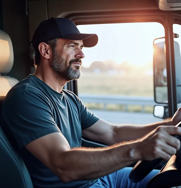 Interior view of a truck cab during sunset, with a person in a dark cap and shirt driving; warm sunlight filters through the windows, highlighting the focused expression and road ahead.