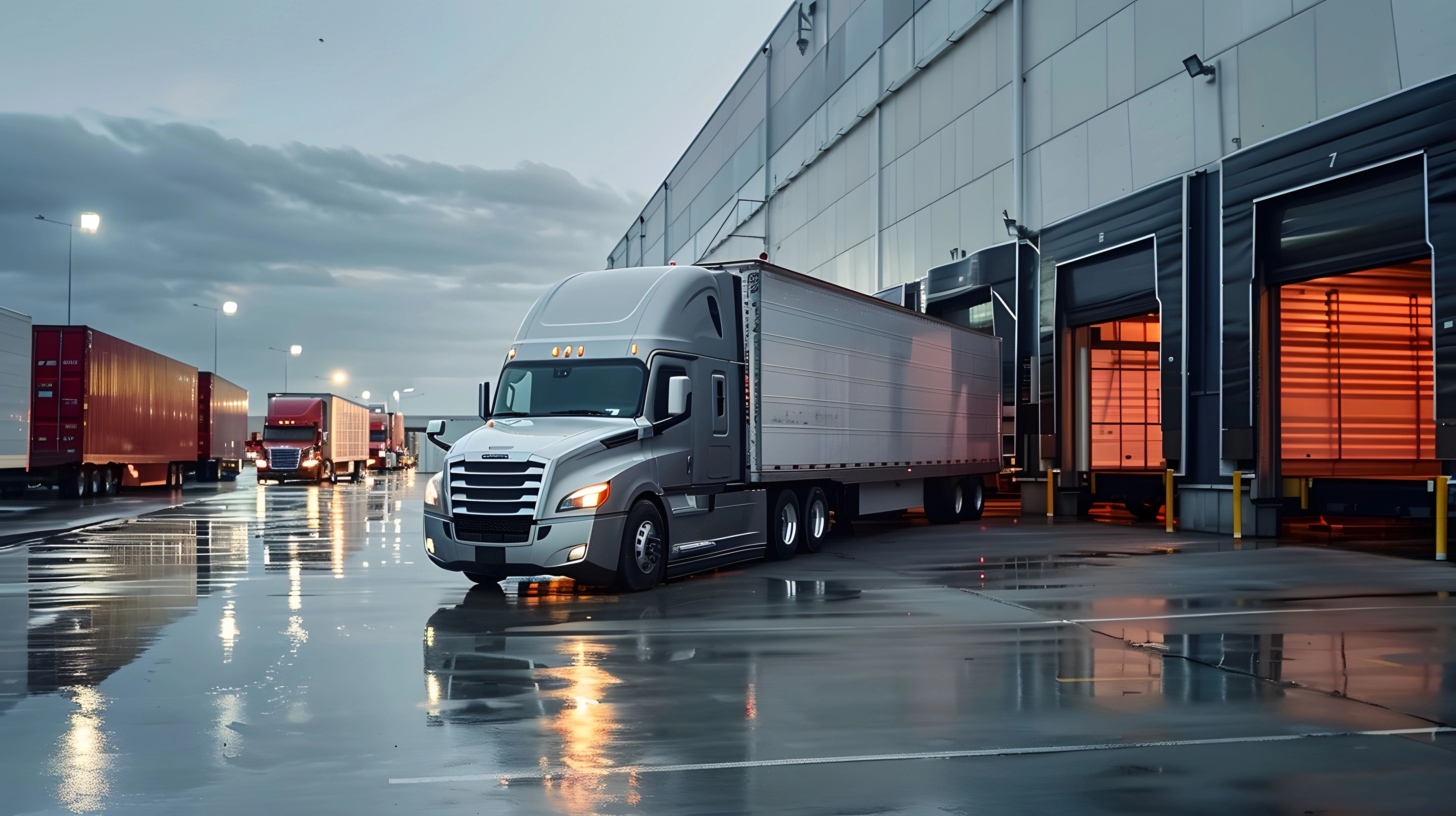 Silver semi-truck with illuminated cab lights parked at a warehouse loading dock during early evening; warm orange glow spills from the open bay, wet pavement reflects truck and ambient lights, with other trucks visible in the background under cloudy skies.