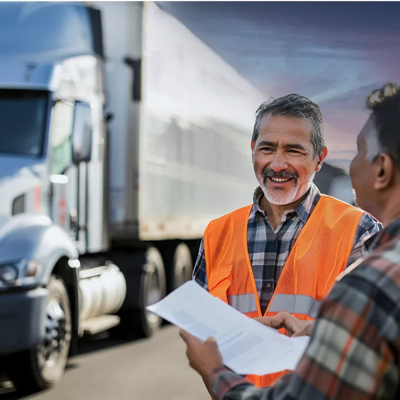 Two individuals in orange safety vests reviewing a document in front of a large white semi-truck at dusk, with a purple-blue sky hinting at evening; scene suggests a logistics check or delivery confirmation.