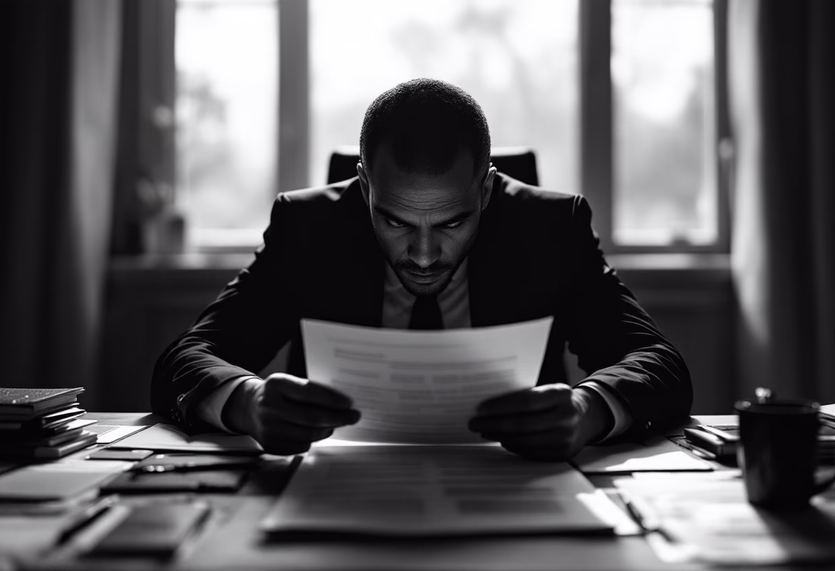 image of a personal consultant reviewing documents in a dim office