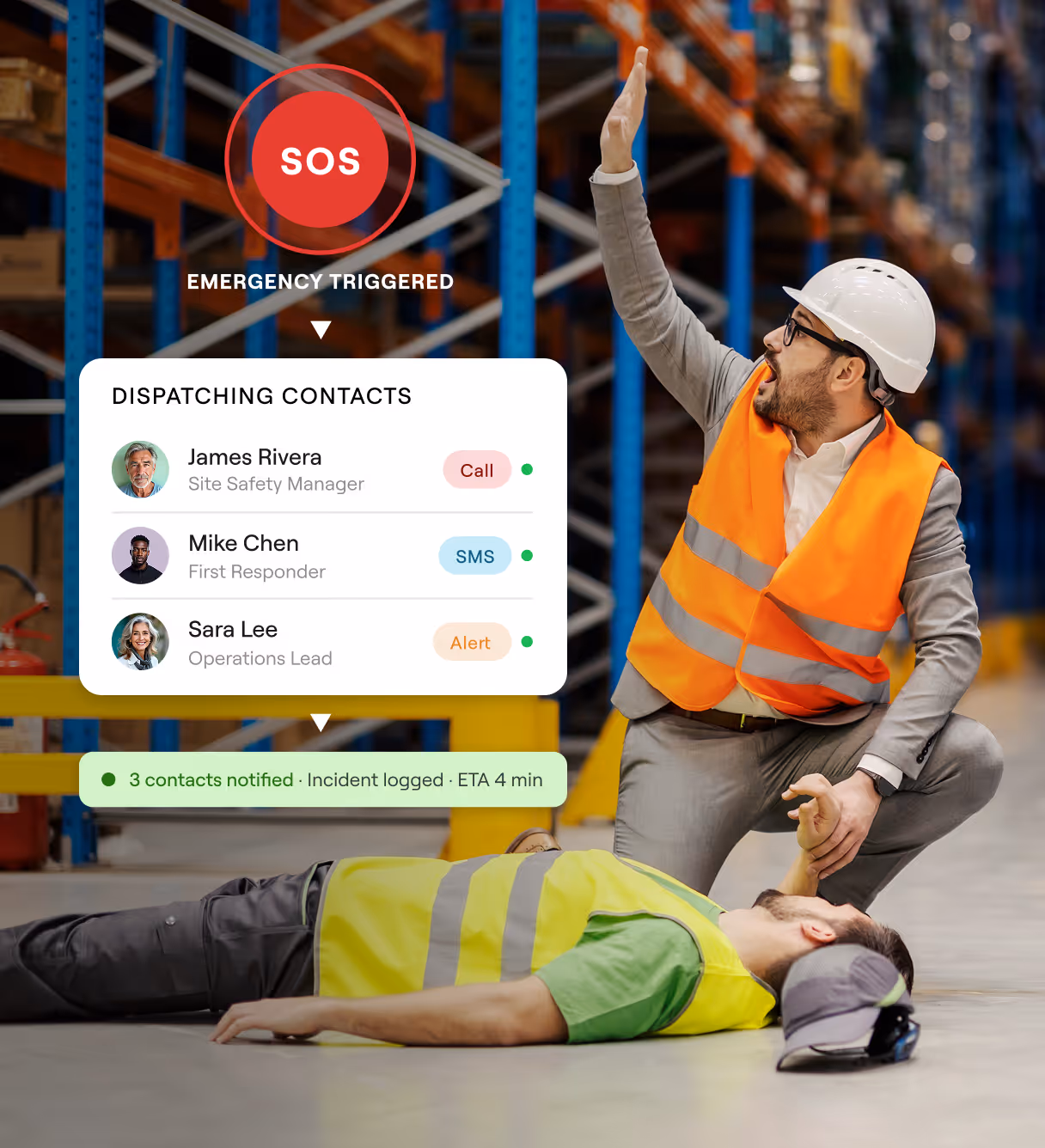 Task dashboard over a glass office building showing today’s tasks with counts for To Do, In Progress, and Completed. A task is assigned to Phill Smith and includes a yes/no control question.