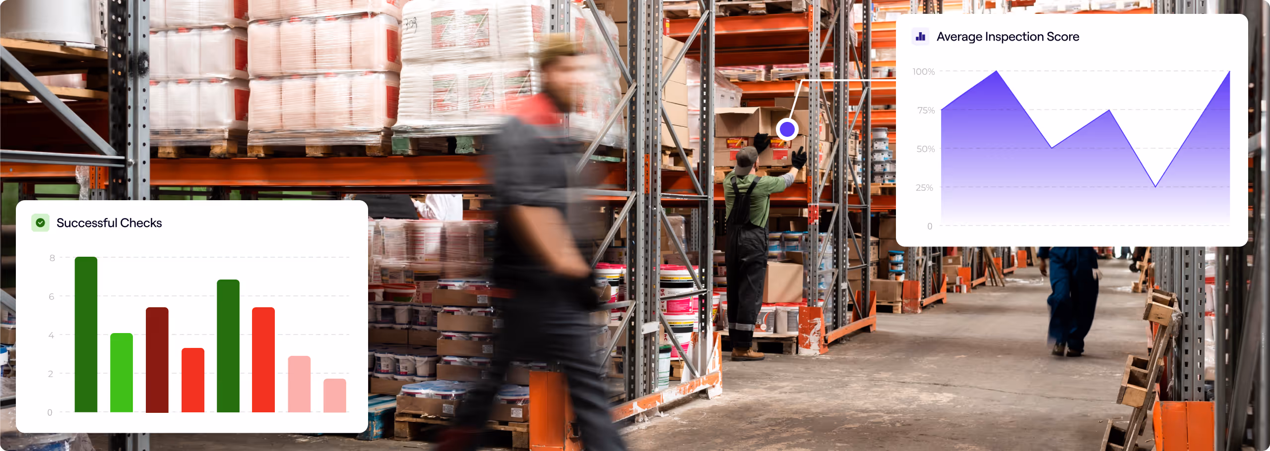 Project inspection report with score and export options, next to a warehouse worker using a tablet in safety gear.