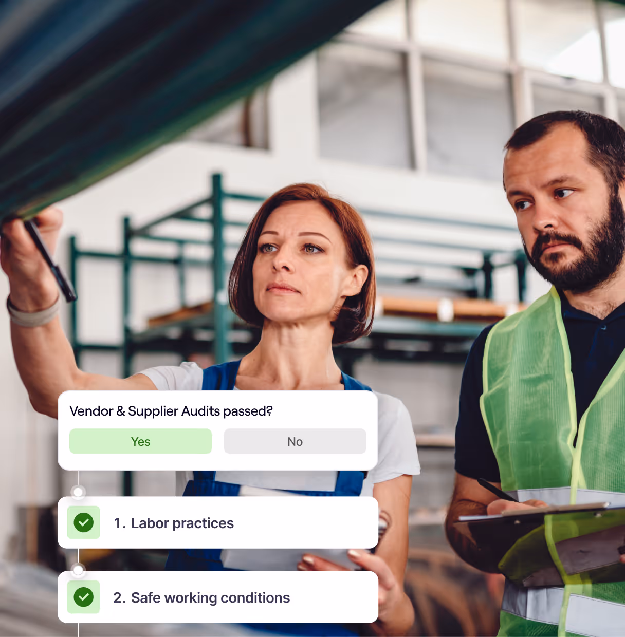 Task dashboard over a glass office building showing today’s tasks with counts for To Do, In Progress, and Completed. A task is assigned to Phill Smith and includes a yes/no control question.