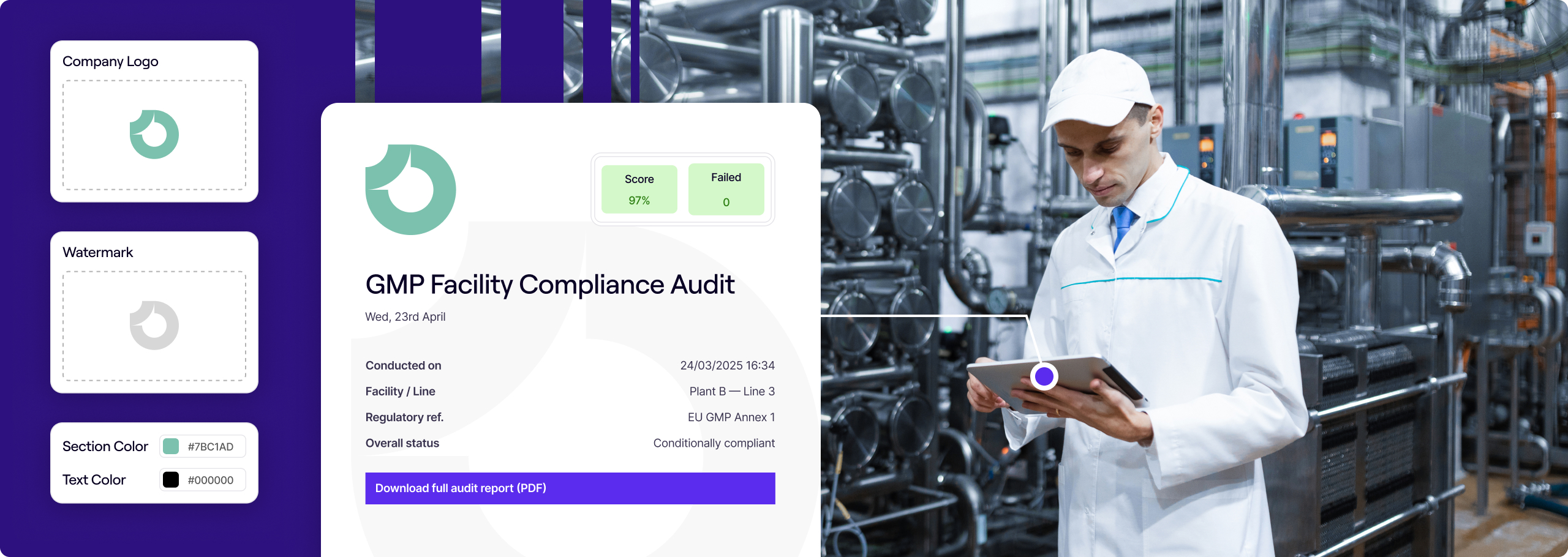 Project inspection report with score and export options, next to a warehouse worker using a tablet in safety gear.