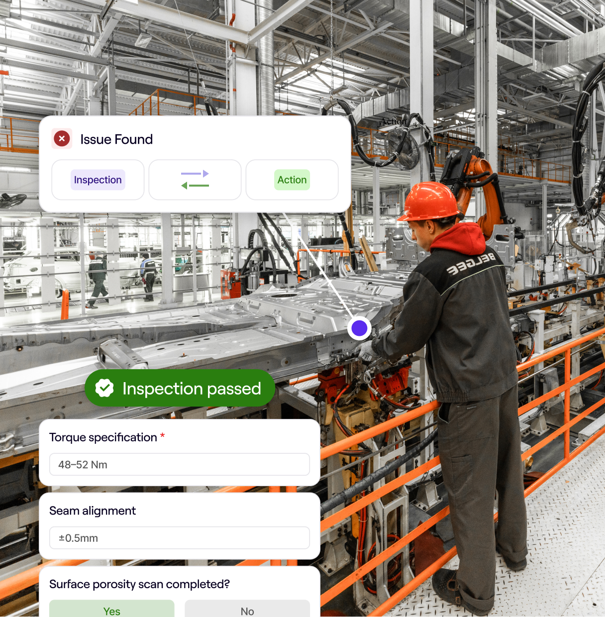 Task dashboard over a glass office building showing today’s tasks with counts for To Do, In Progress, and Completed. A task is assigned to Phill Smith and includes a yes/no control question.