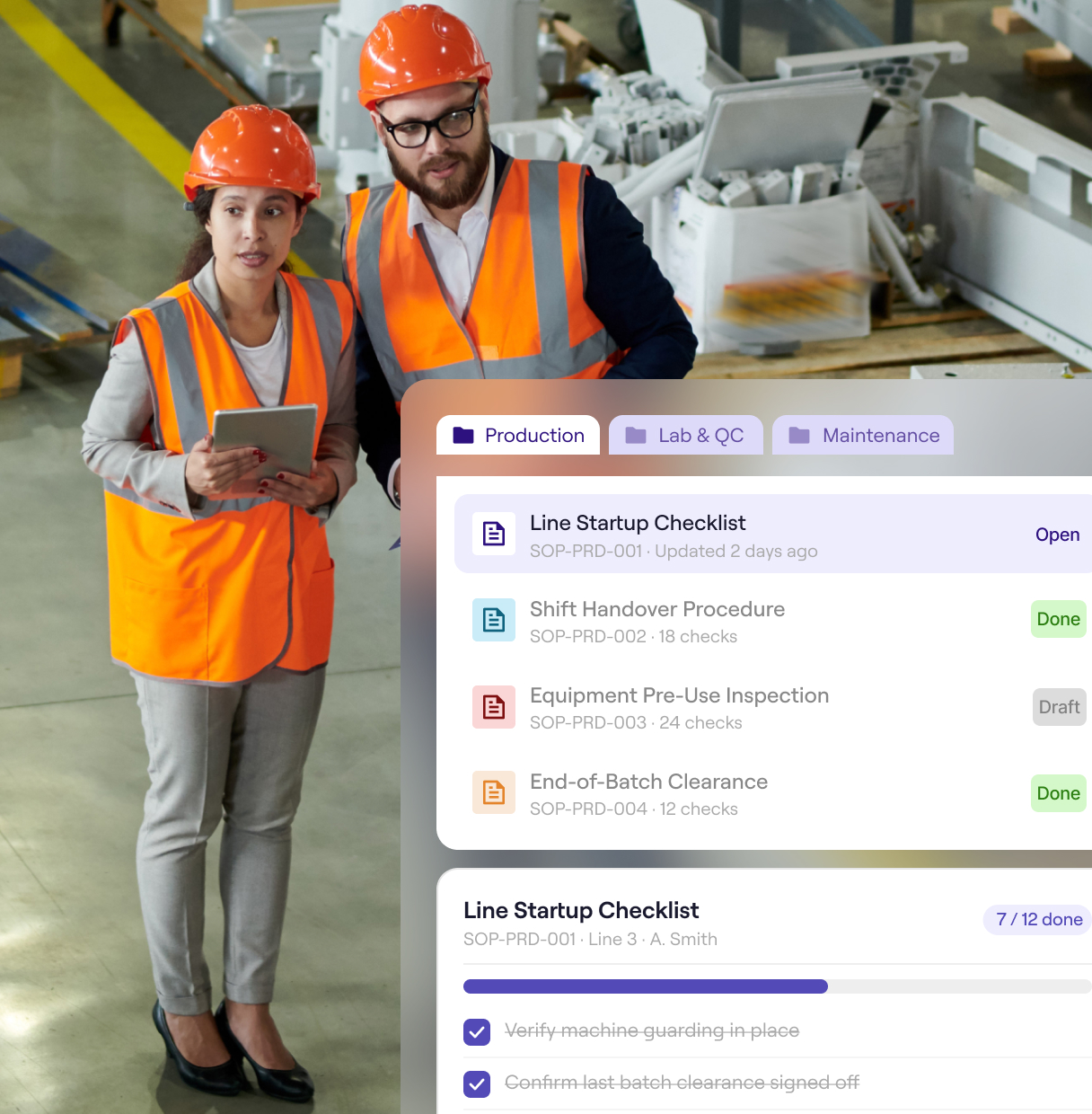 Task dashboard over a glass office building showing today’s tasks with counts for To Do, In Progress, and Completed. A task is assigned to Phill Smith and includes a yes/no control question.