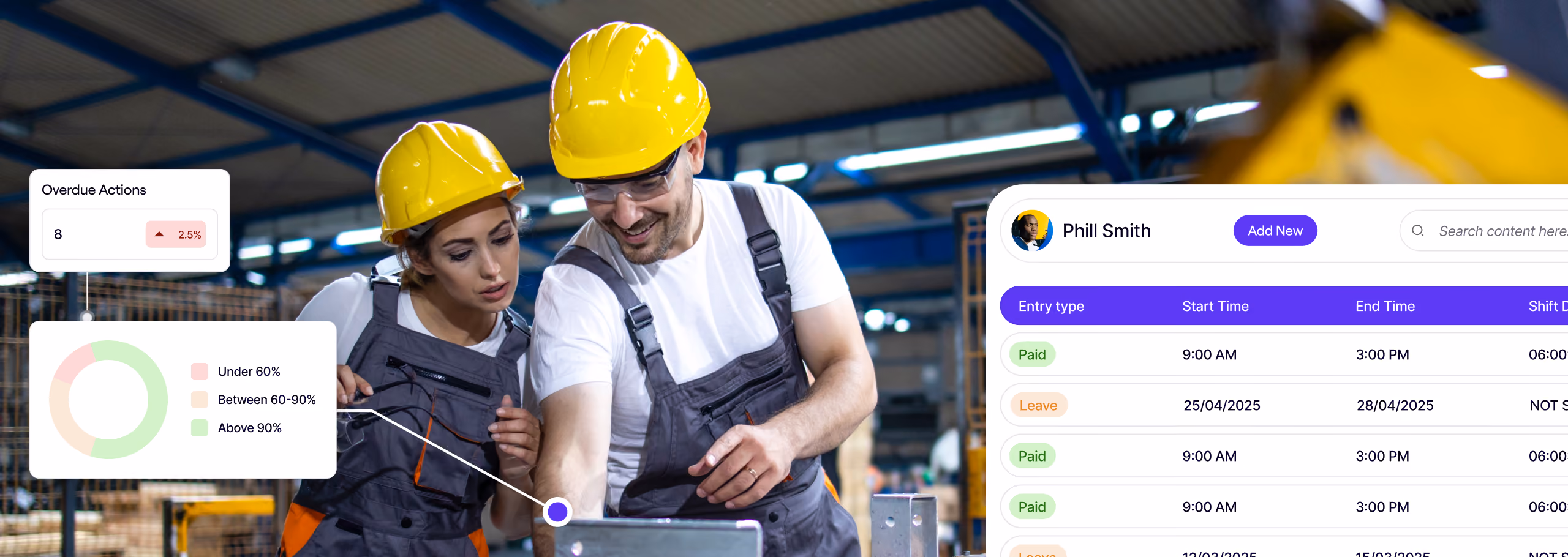 Project inspection report with score and export options, next to a warehouse worker using a tablet in safety gear.