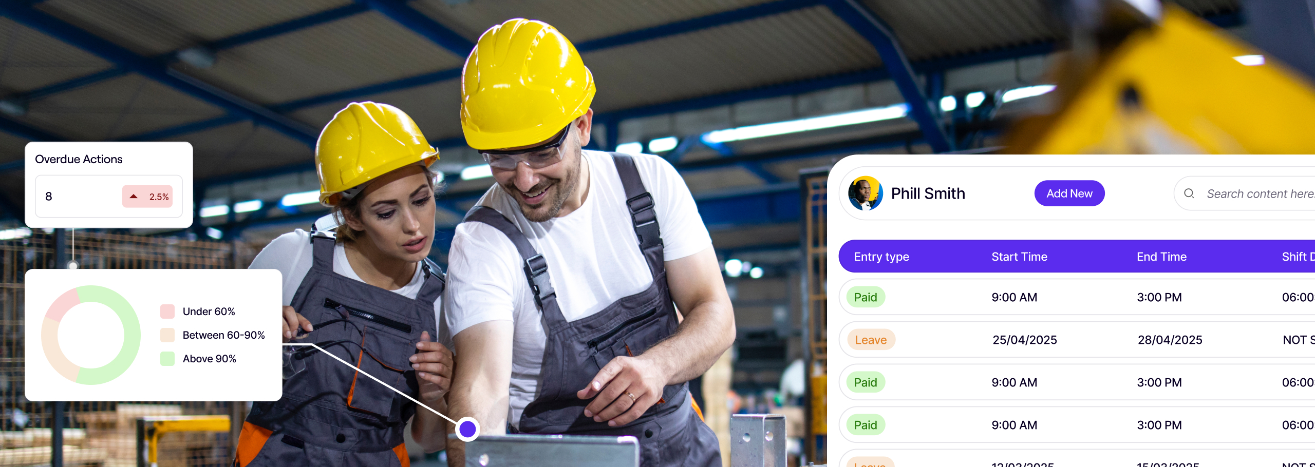 Project inspection report with score and export options, next to a warehouse worker using a tablet in safety gear.