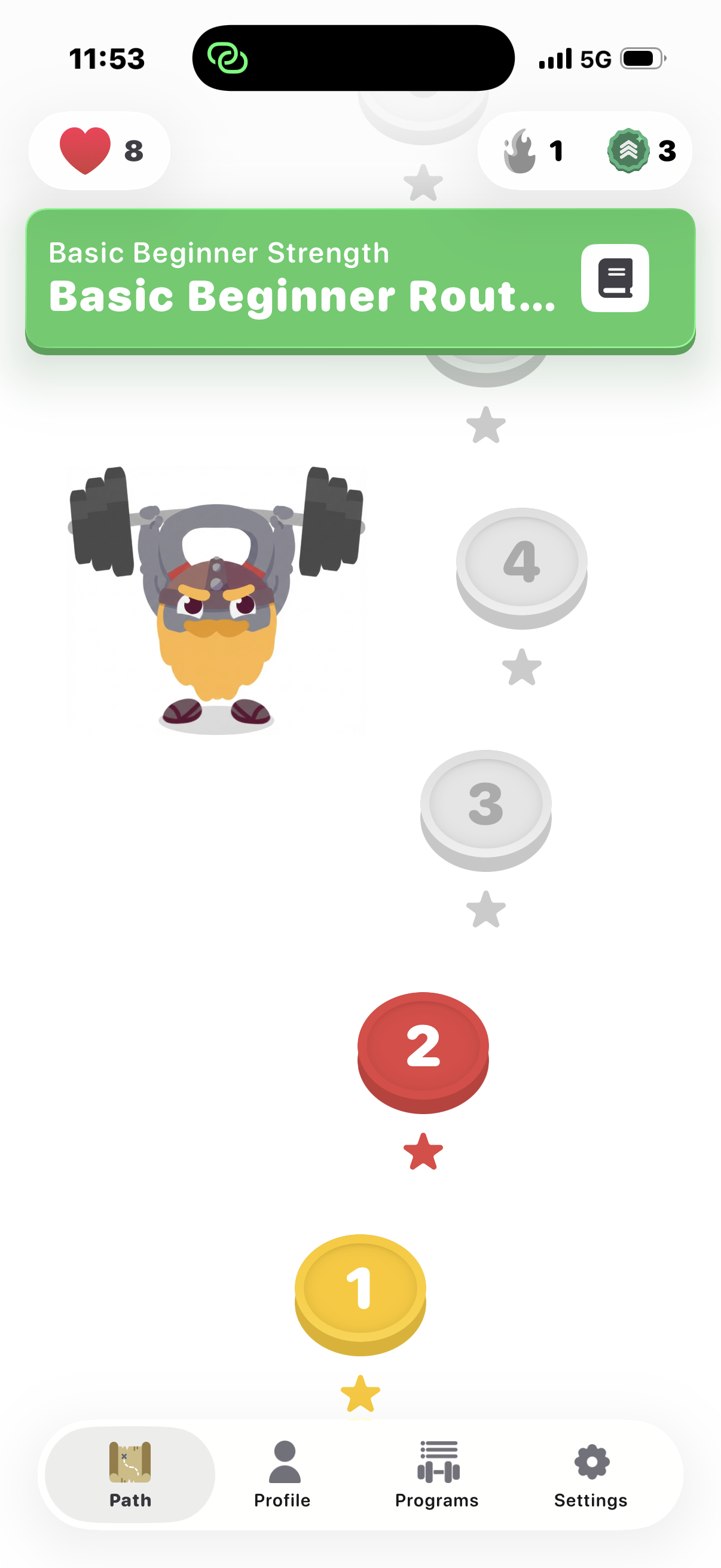 Axelroad Basic Beginner Strength path with the first numbered workouts and bottom navigation.