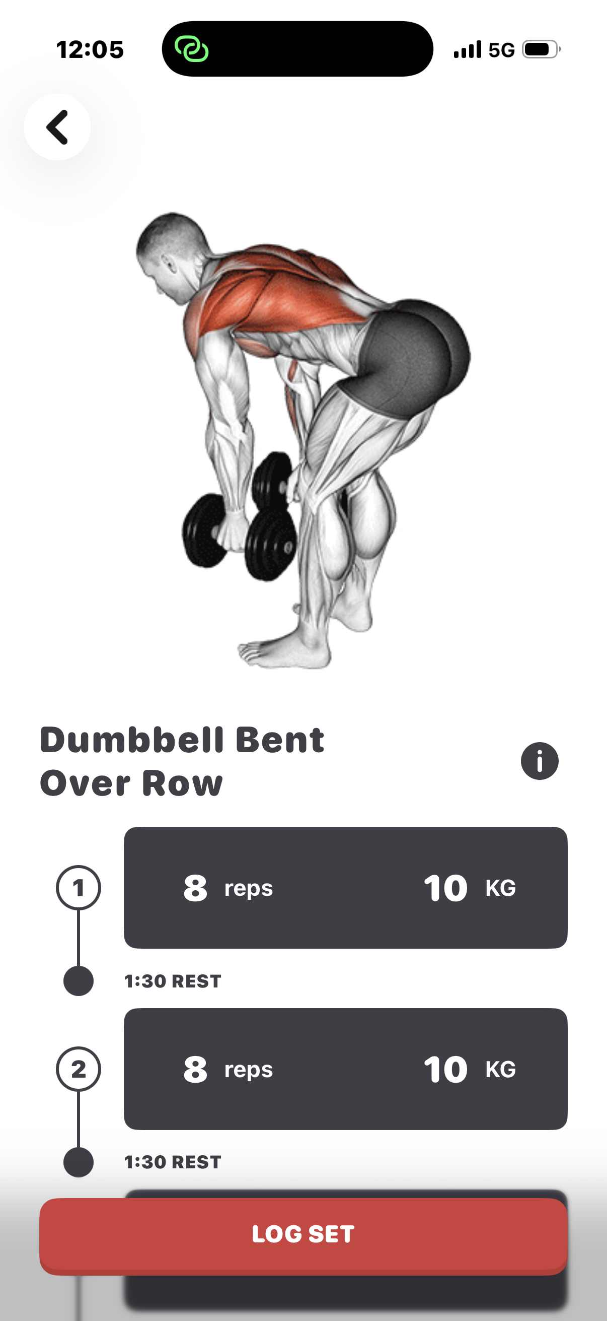 Axelroad workout showing the dumbbell row demonstration, reps, weight, rest intervals and Log Set button.