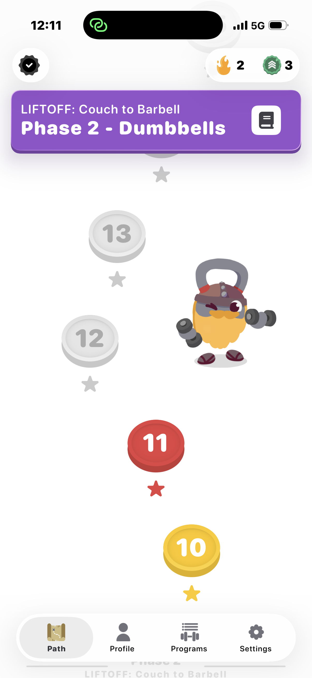 Complete LIFTOFF dumbbell-phase path with upcoming workouts and bottom navigation.