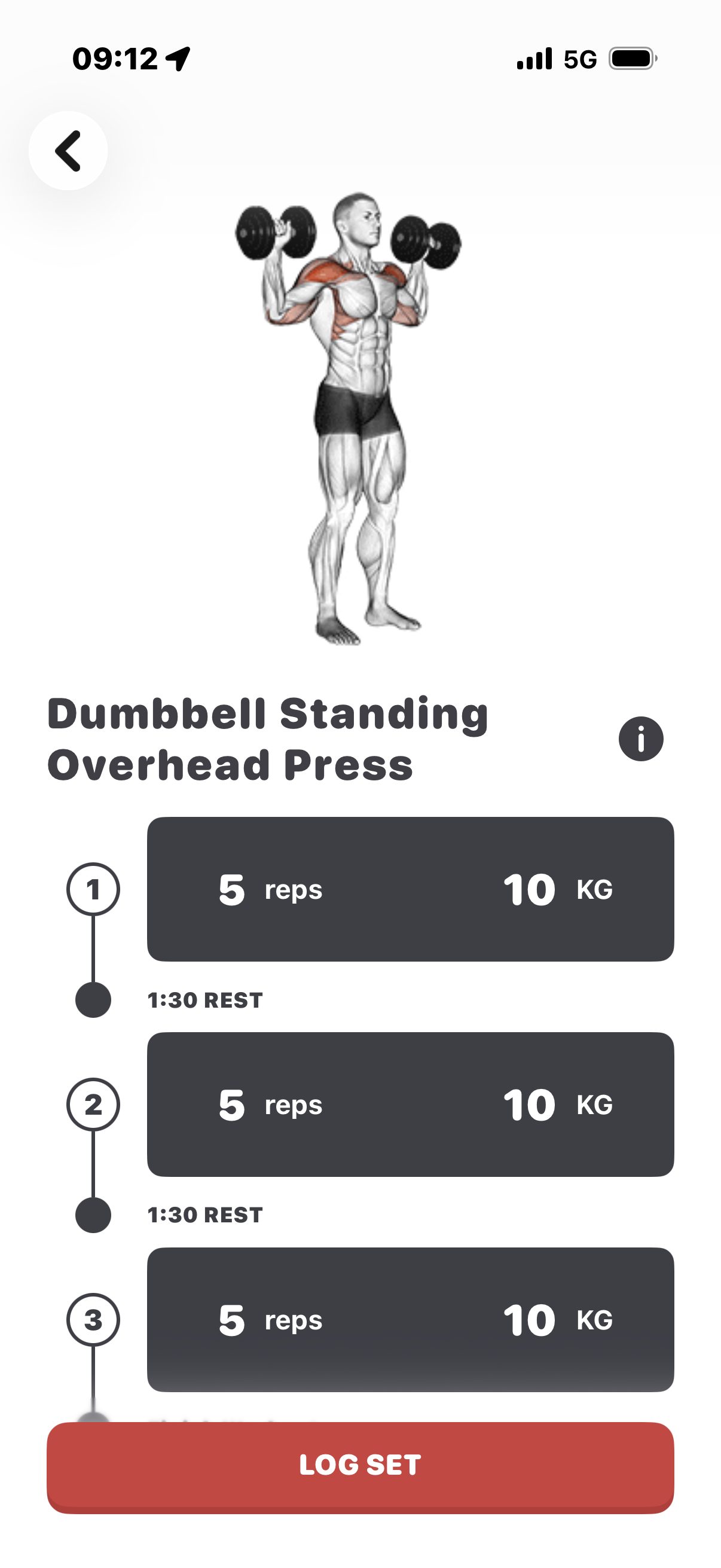 Complete dumbbell standing overhead press screen with movement demonstration, three sets, reps, weight and LOG SET.