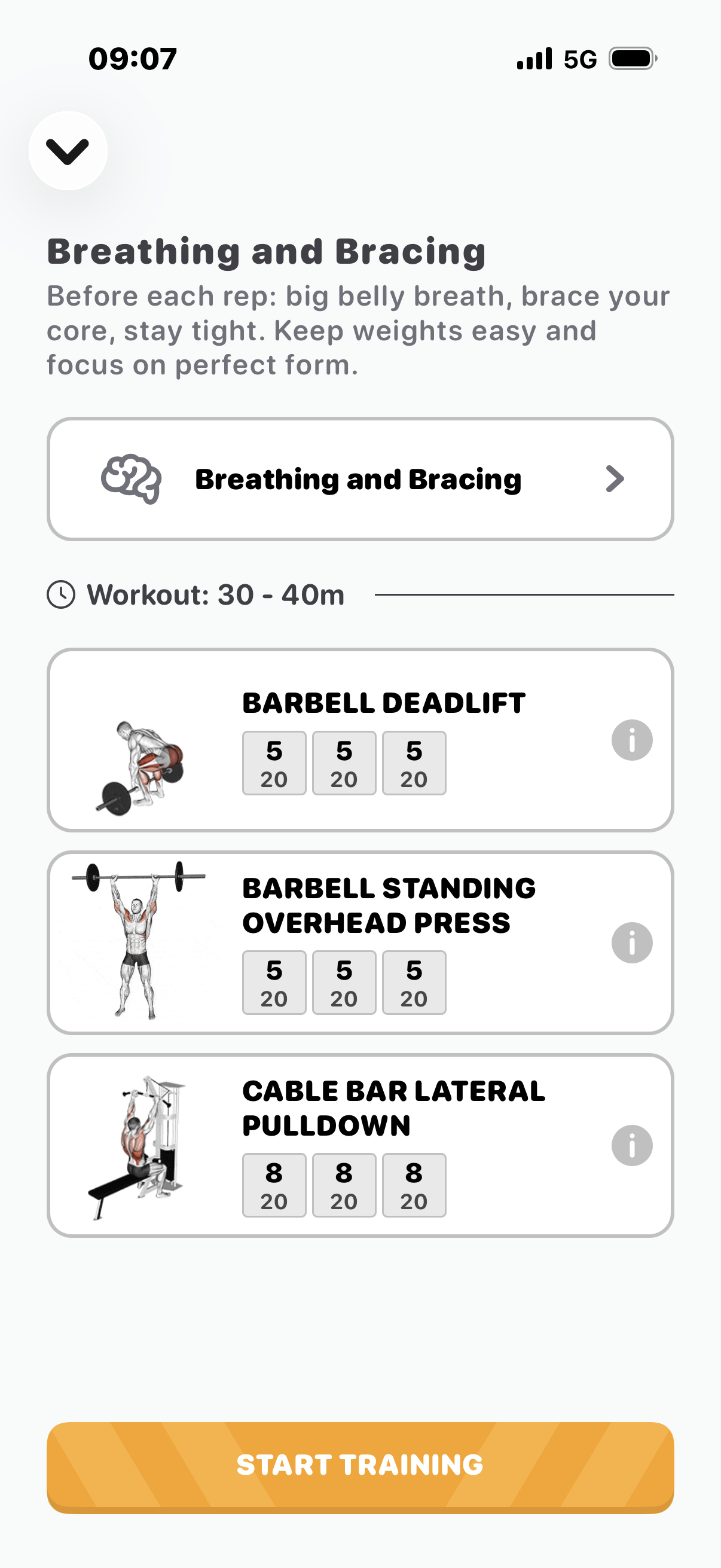 Complete example workout overview with exercises, sets, reps, weights and START TRAINING.