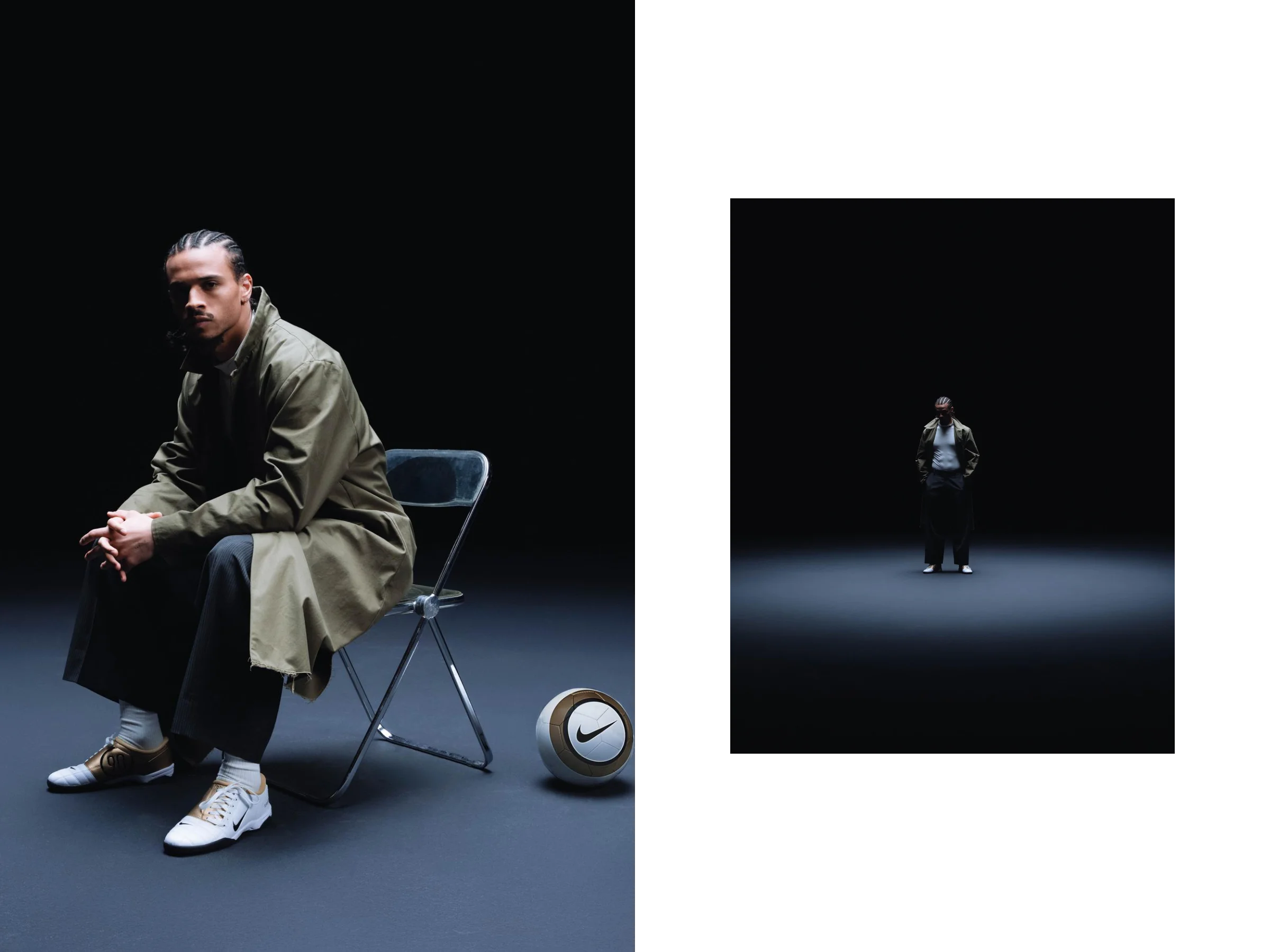 Leroy Sané seated in an olive coat beside a Nike T90 ball, and standing alone in a dark studio — Solebox campaign by Studio ONOM.