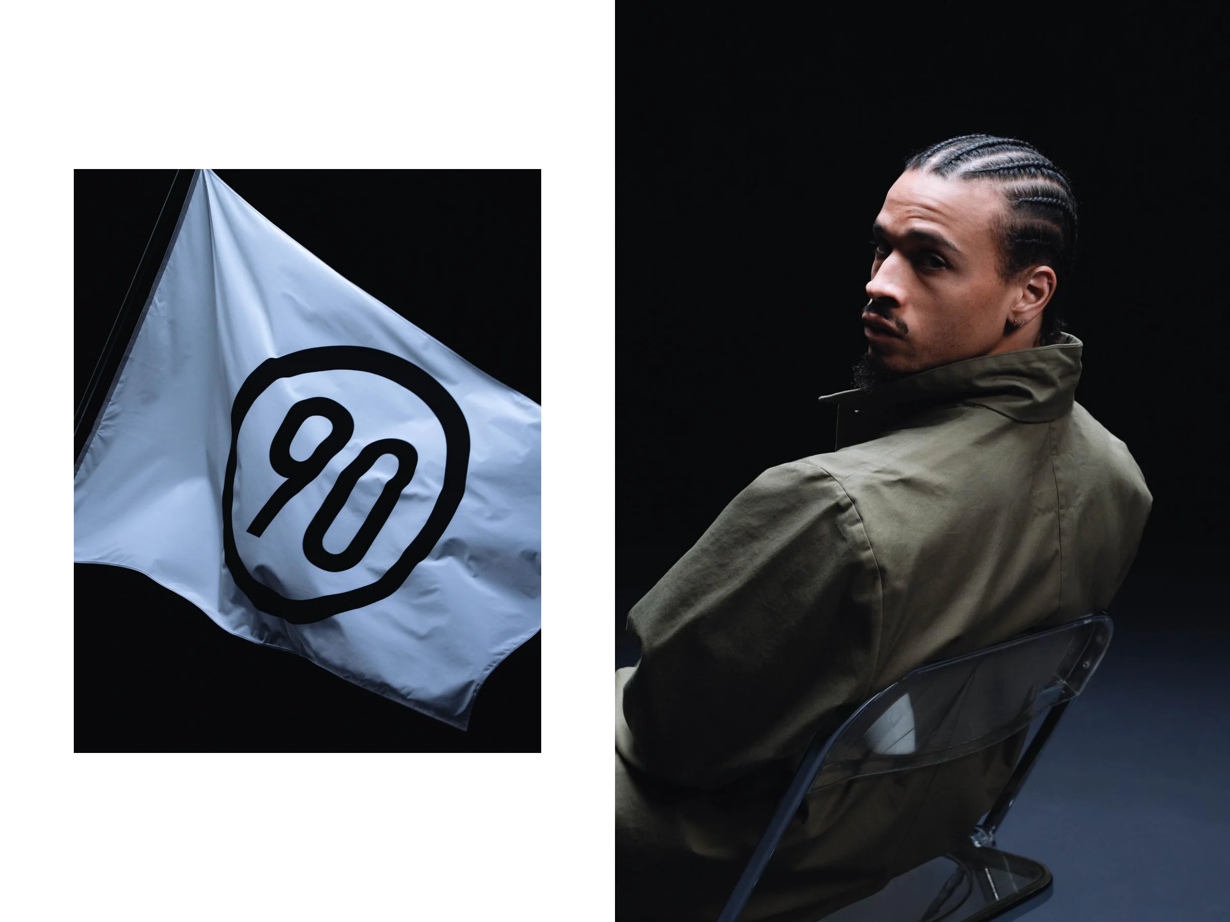 A Nike Total 90 flag beside Leroy Sané in an olive jacket, from the Solebox x Nike campaign by Studio ONOM.