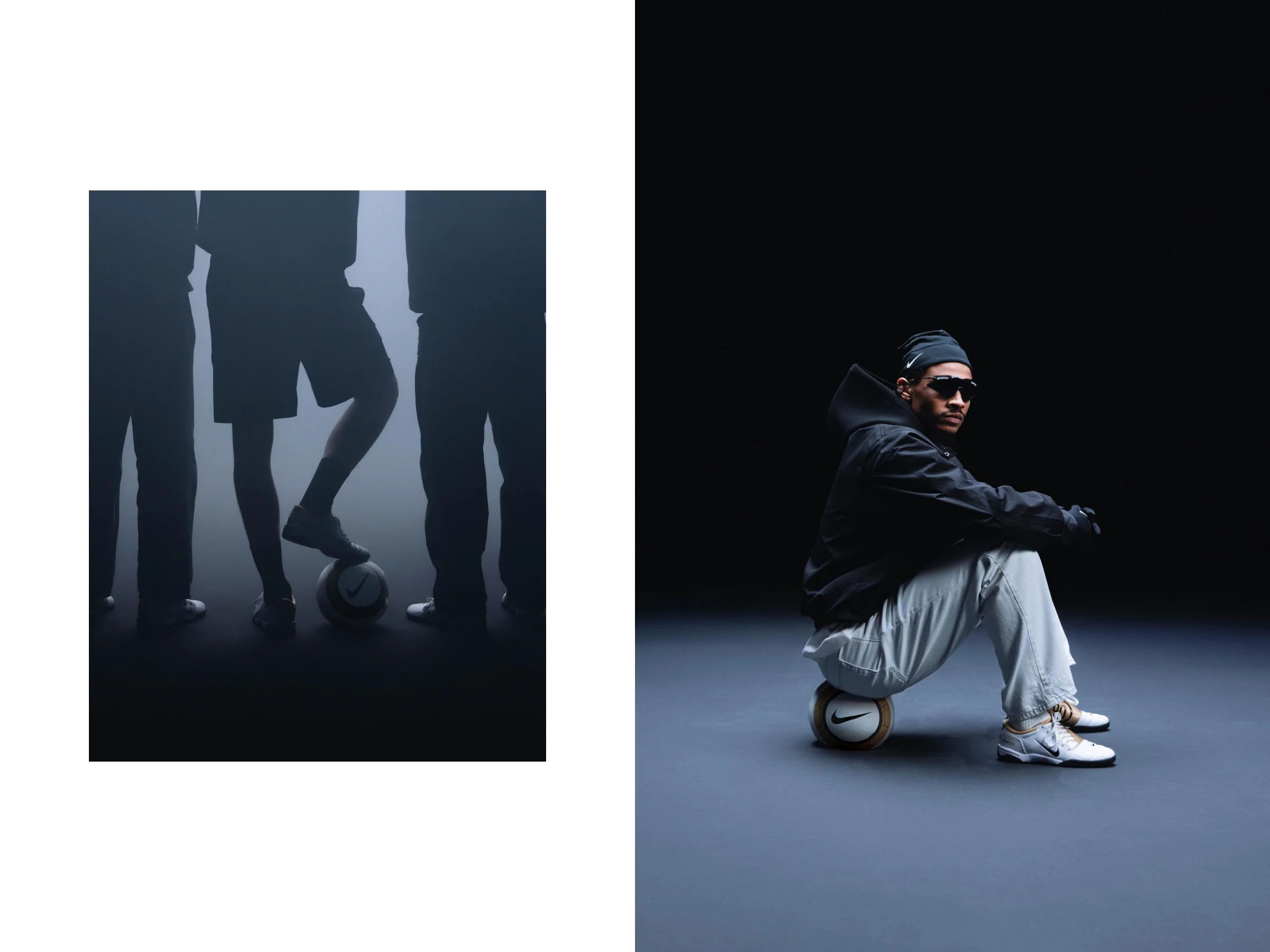 Silhouetted players around a Nike ball, and Leroy Sané seated on a football — Solebox x Nike campaign by Studio ONOM.