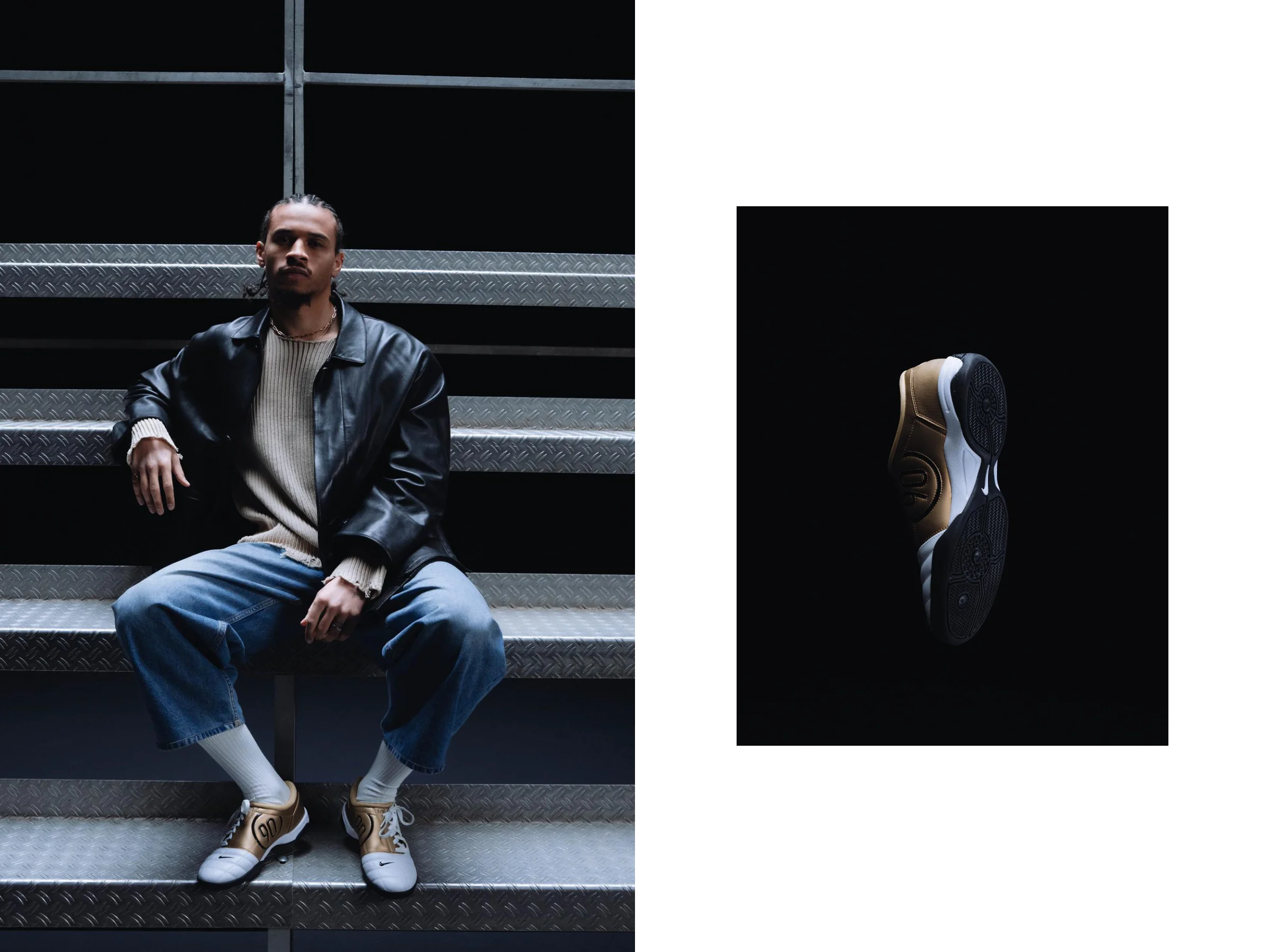 Leroy Sané in a leather jacket on metal stairs, with a detail of the gold Nike T90 boot sole — Solebox campaign by Studio ONOM.