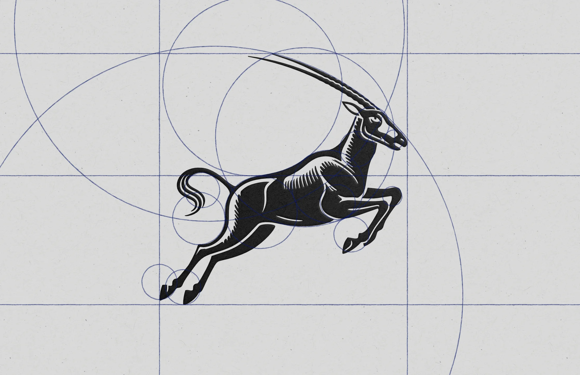 Geometric construction of the Oman Classics oryx logo on a circle grid — Studio ONOM.