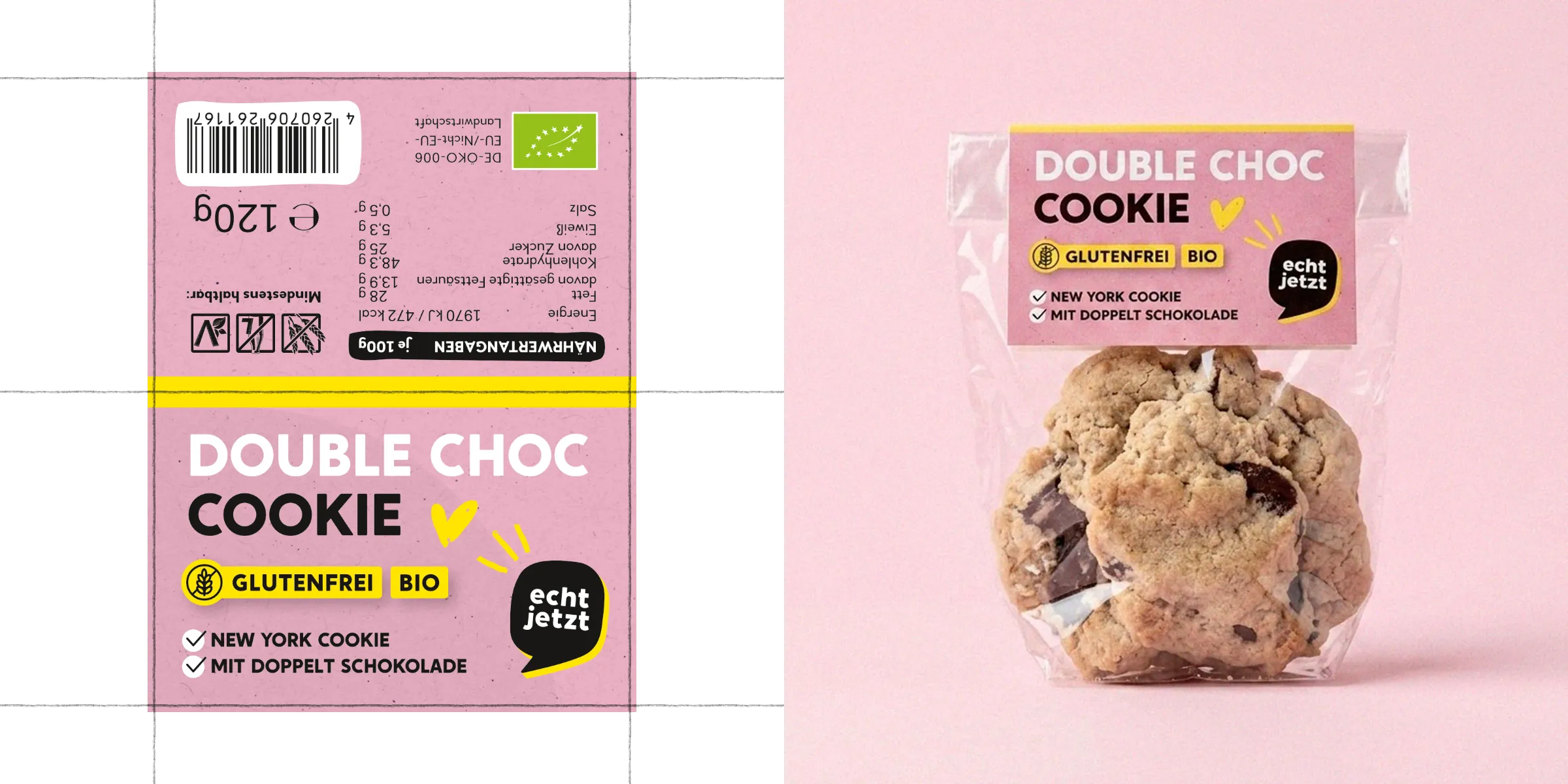 Packaging for echt jetzt gluten-free New York cookies in four flavours — designed by Studio ONOM.