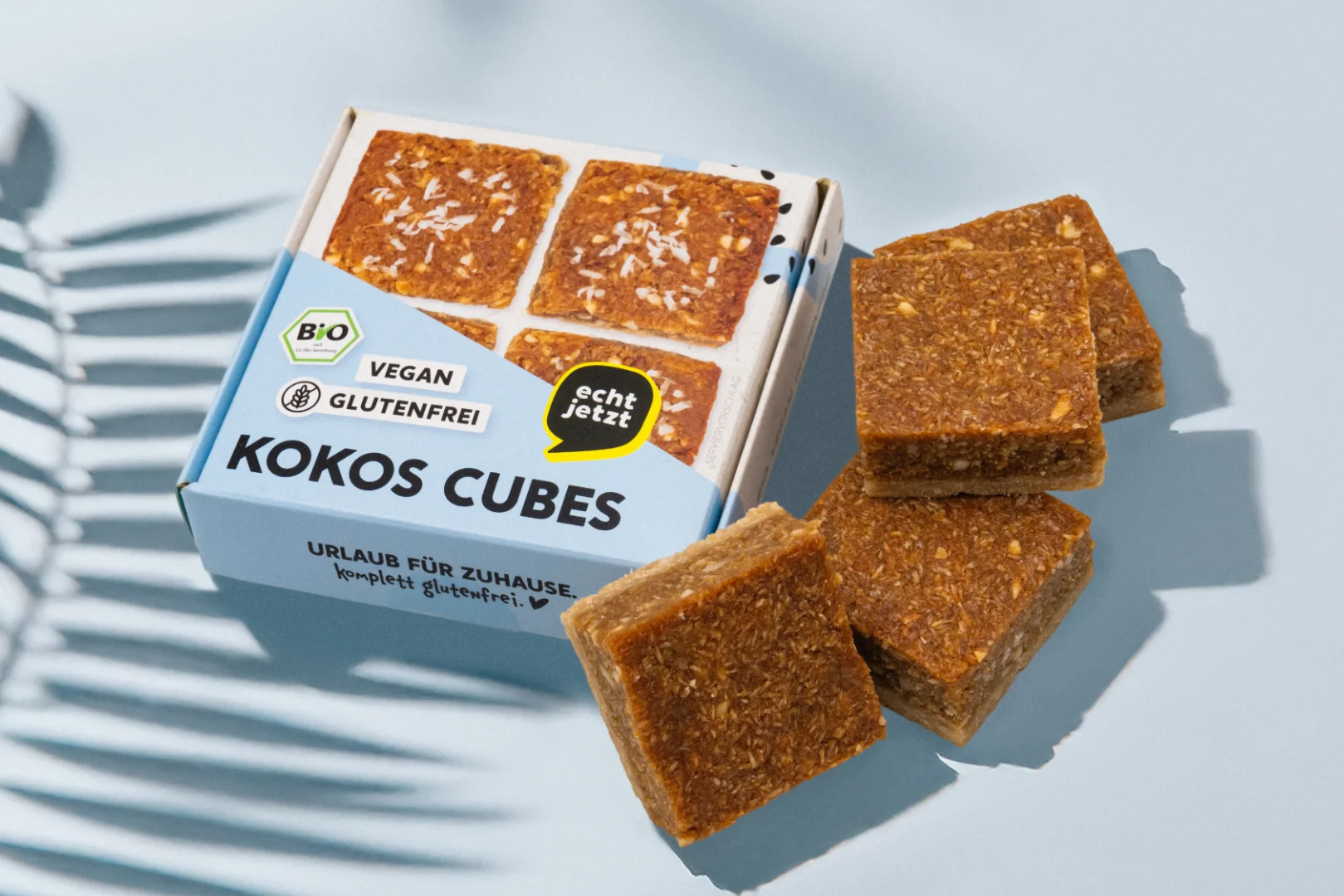 Packaging for echt jetzt gluten-free coconut cubes — designed by Studio ONOM.