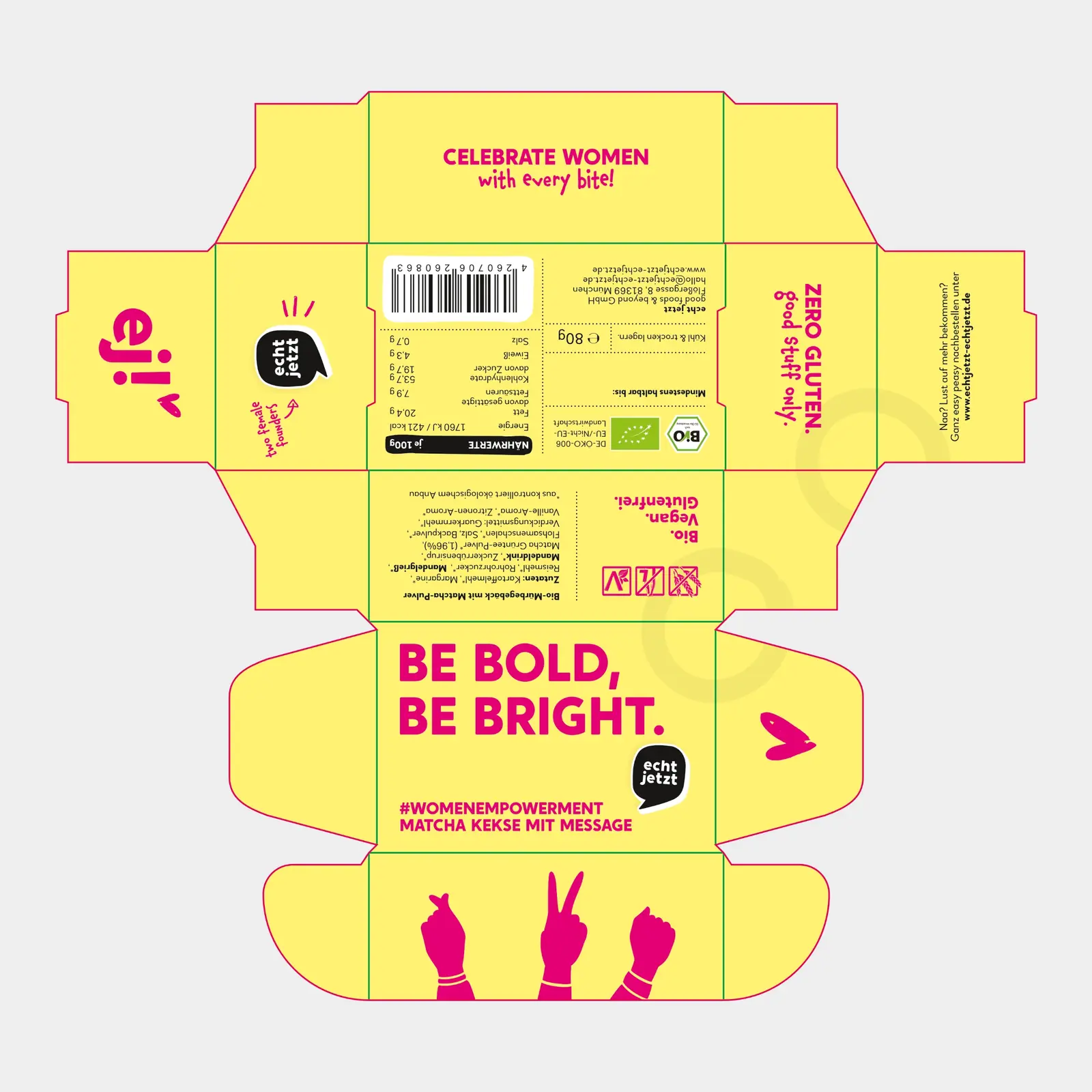 Selection of packaging dielines for echt jetzt gluten-free products — designed by Studio ONOM.