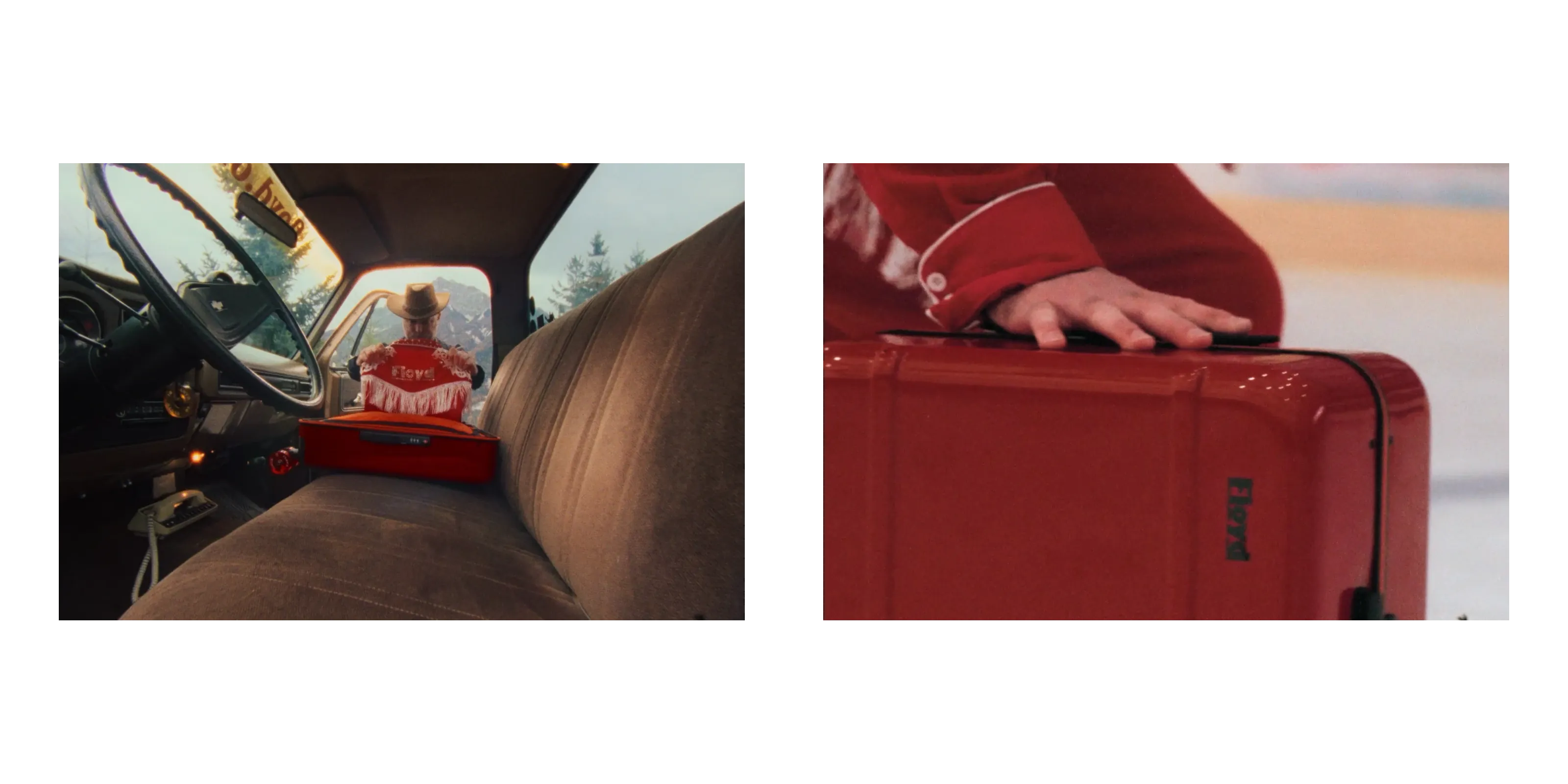 Inside the pickup truck with an open Floyd suitcase, and a hand resting on the red case.