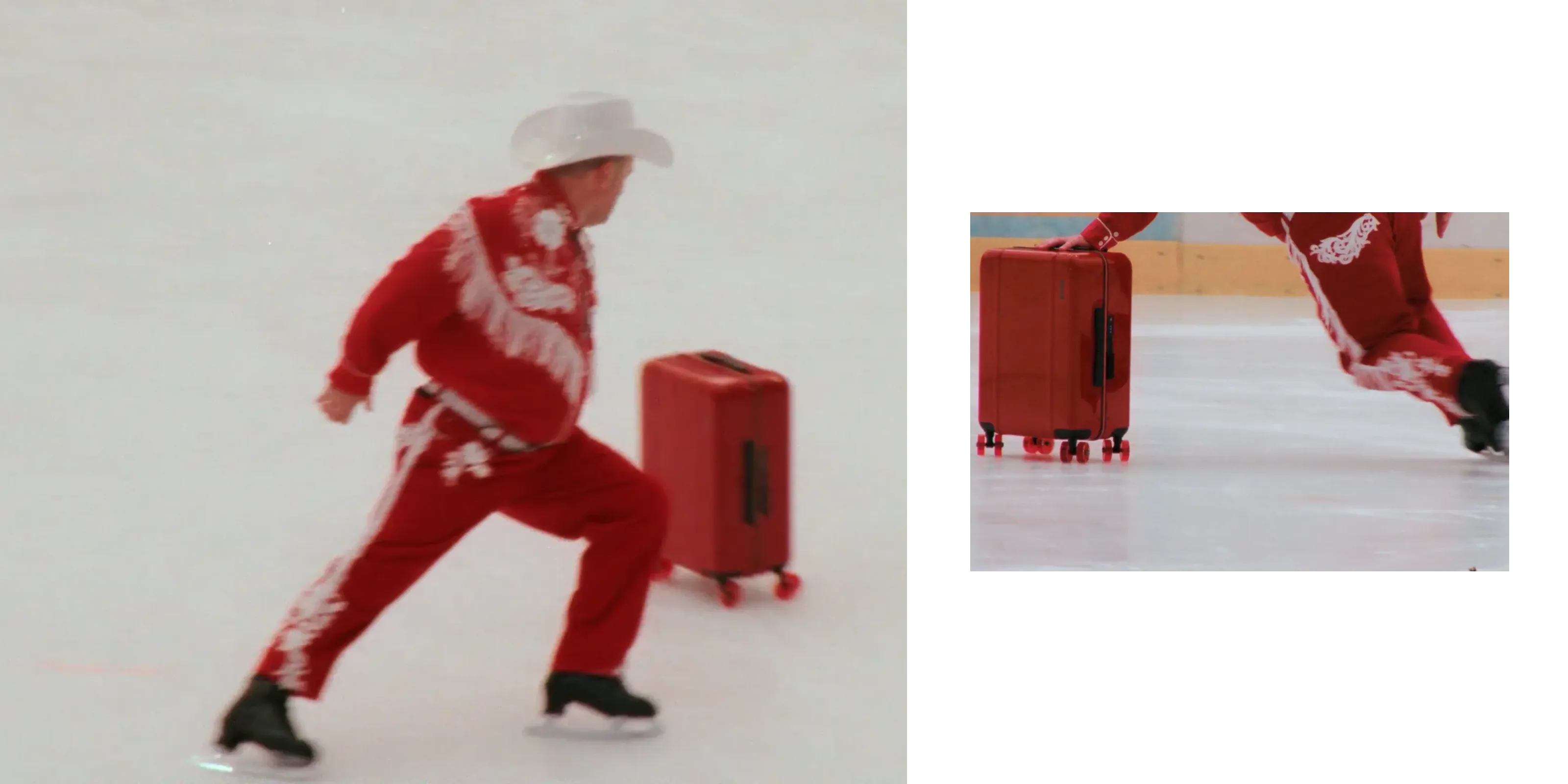 The cowboy skating across the ice with his red Floyd suitcase on wheels.