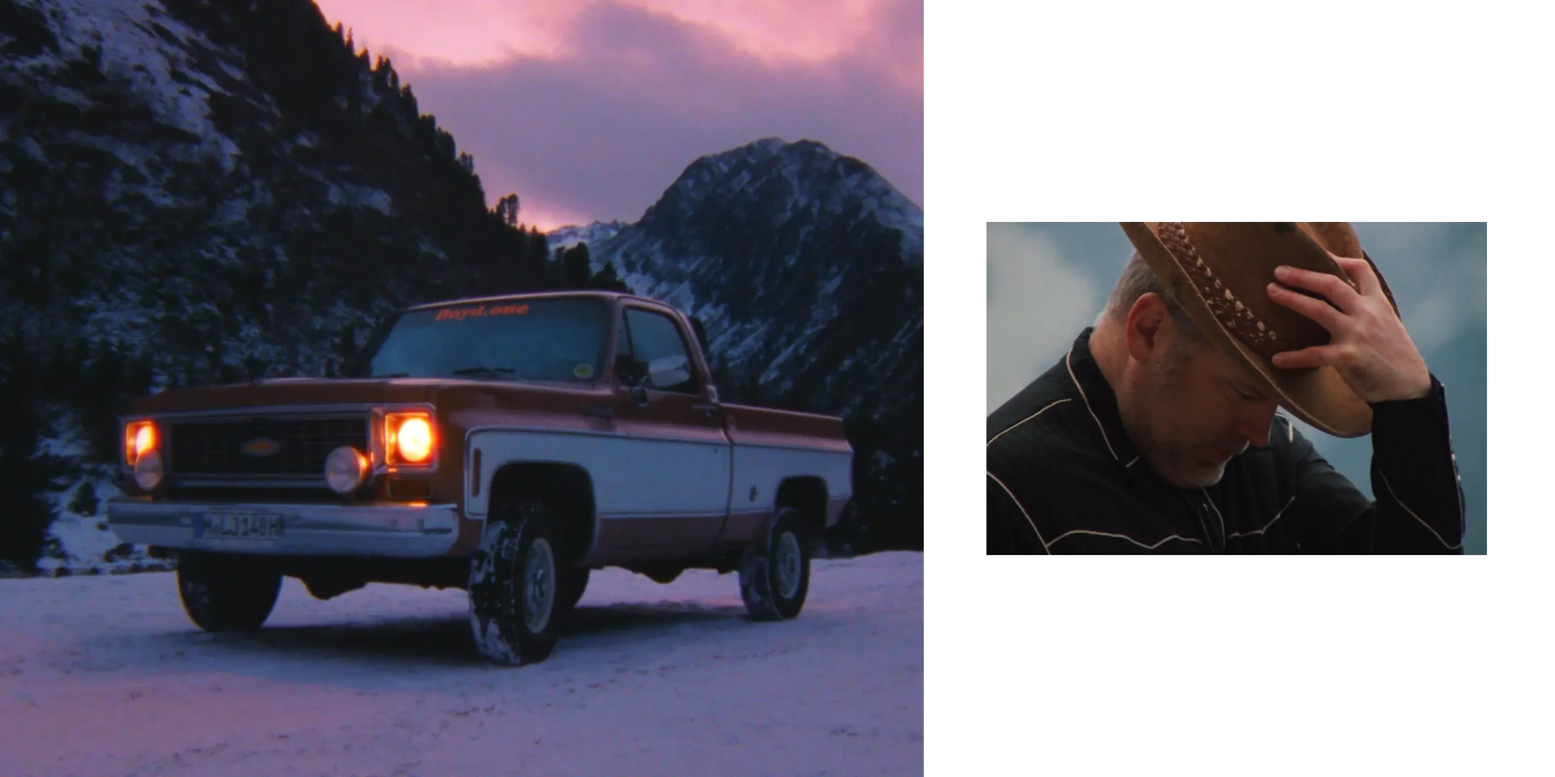 The pickup truck at dusk and a close-up of the cowboy tipping his hat — Floyd's The Wild Wild Winter.