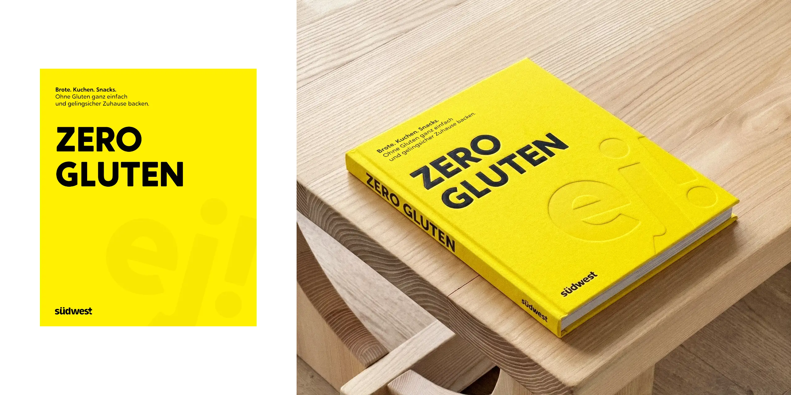 The Zero Gluten cover design and the printed book on a wooden table — echt jetzt for Südwest Verlag, by Studio ONOM.
