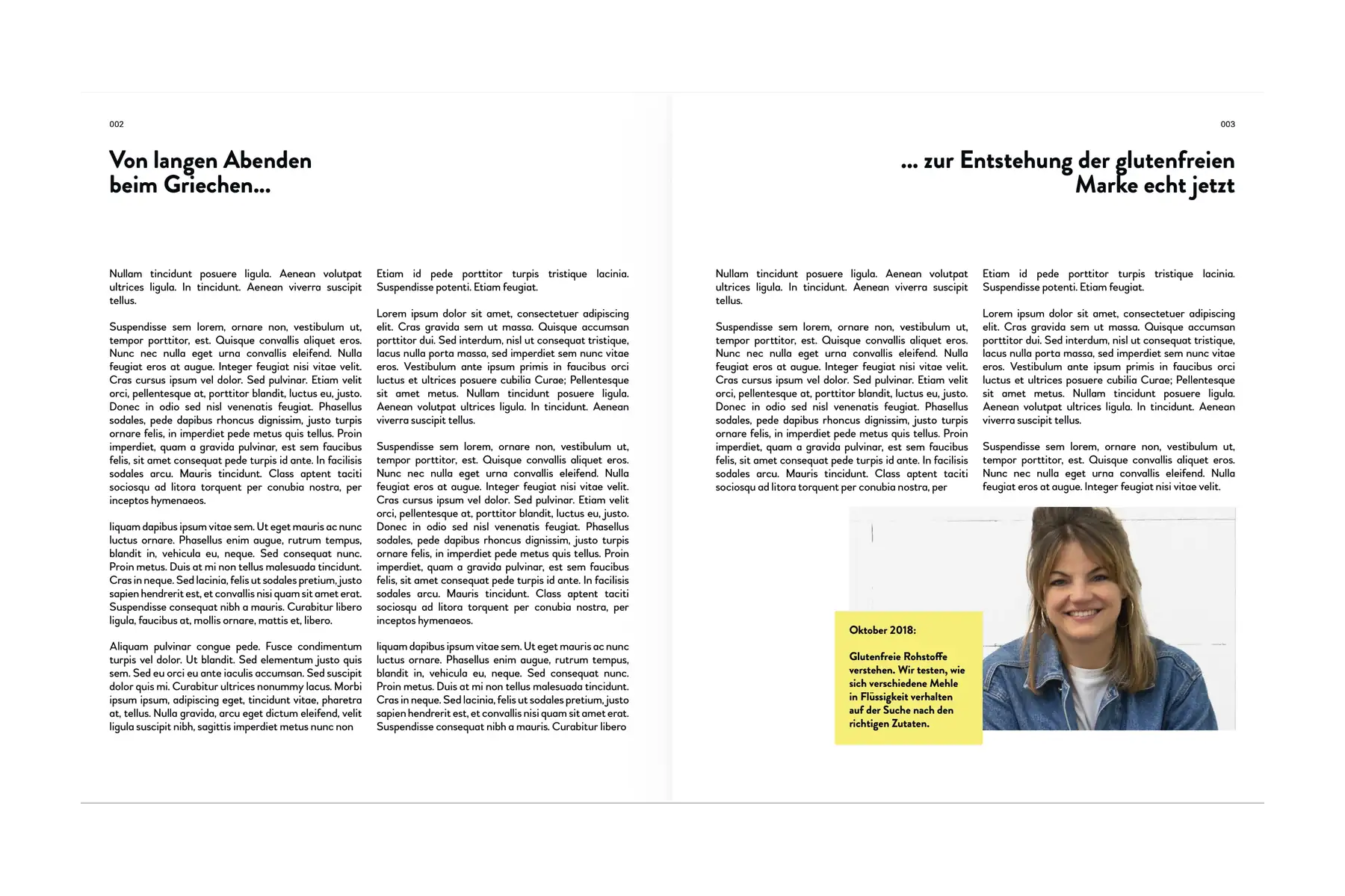 Editorial layout spreads from the echt jetzt gluten-free cookbook — Studio ONOM.