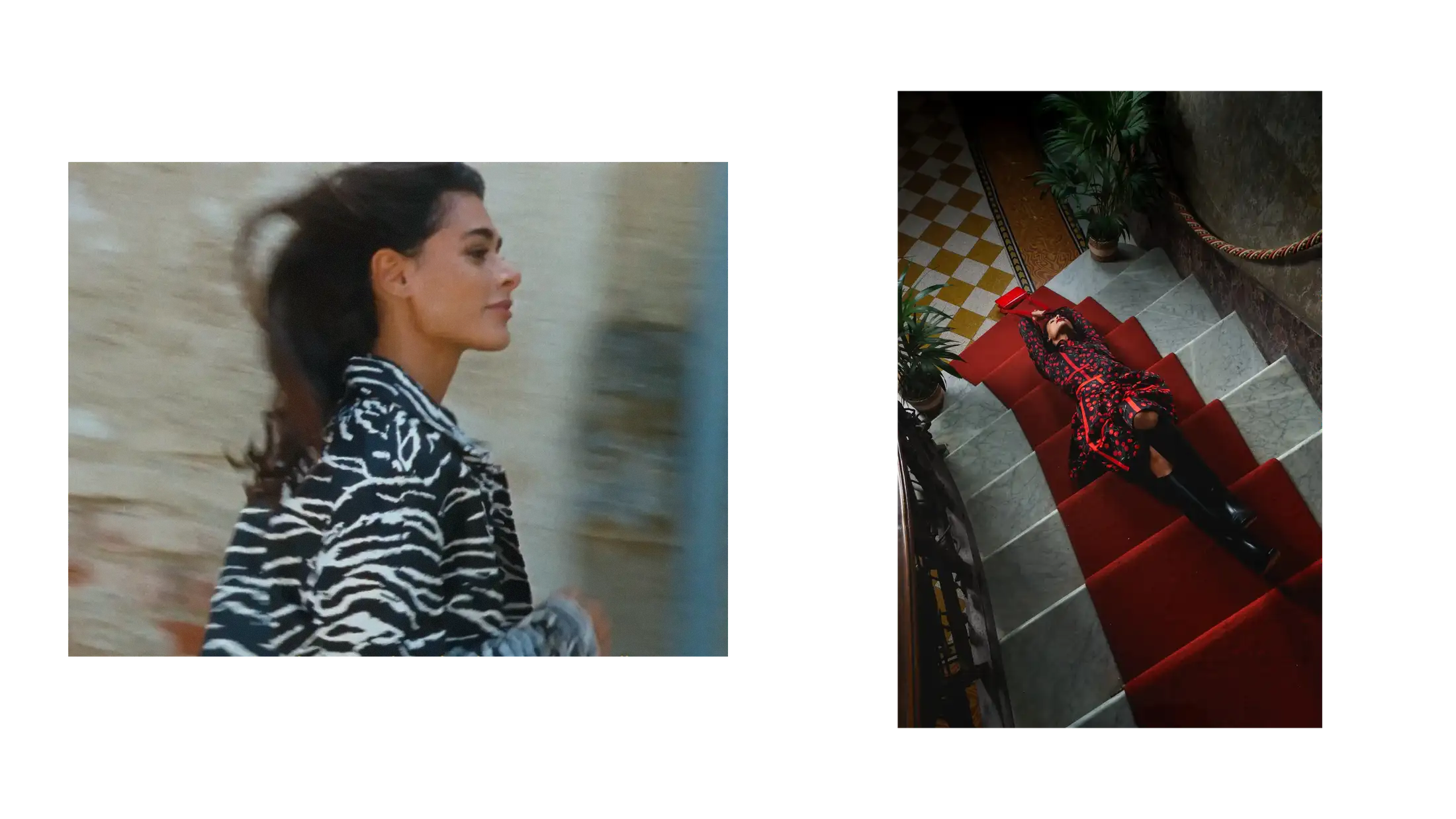 Female model in motion wearing a zebra-print jacket, and a red-carpeted staircase seen from above — MAXIMILIAN F/W campaign film by Studio ONOM.