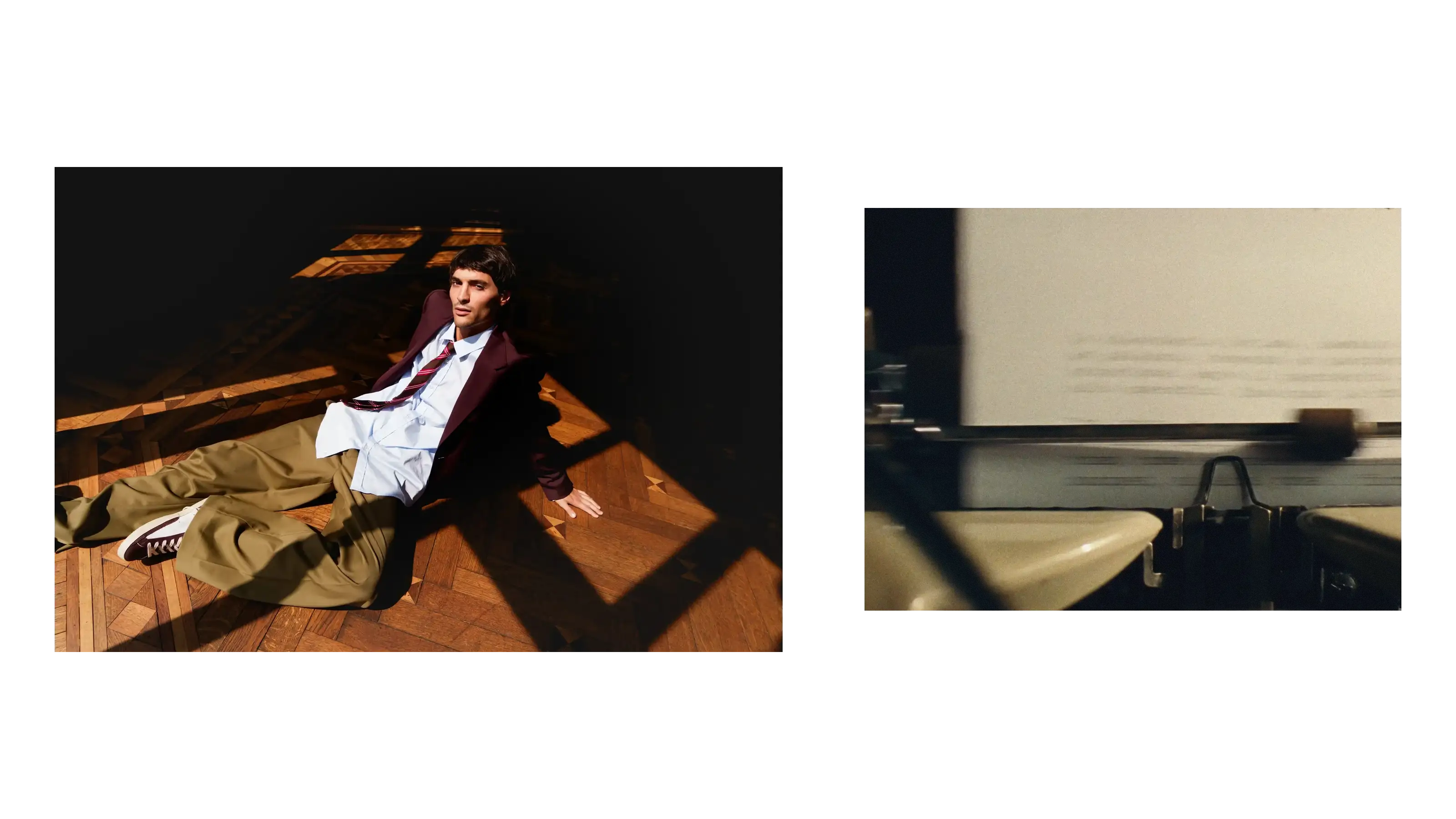 Male model reclining in hard window light on parquet flooring, with a detail of a vintage typewriter — MAXIMILIAN F/W campaign film by Studio ONOM.