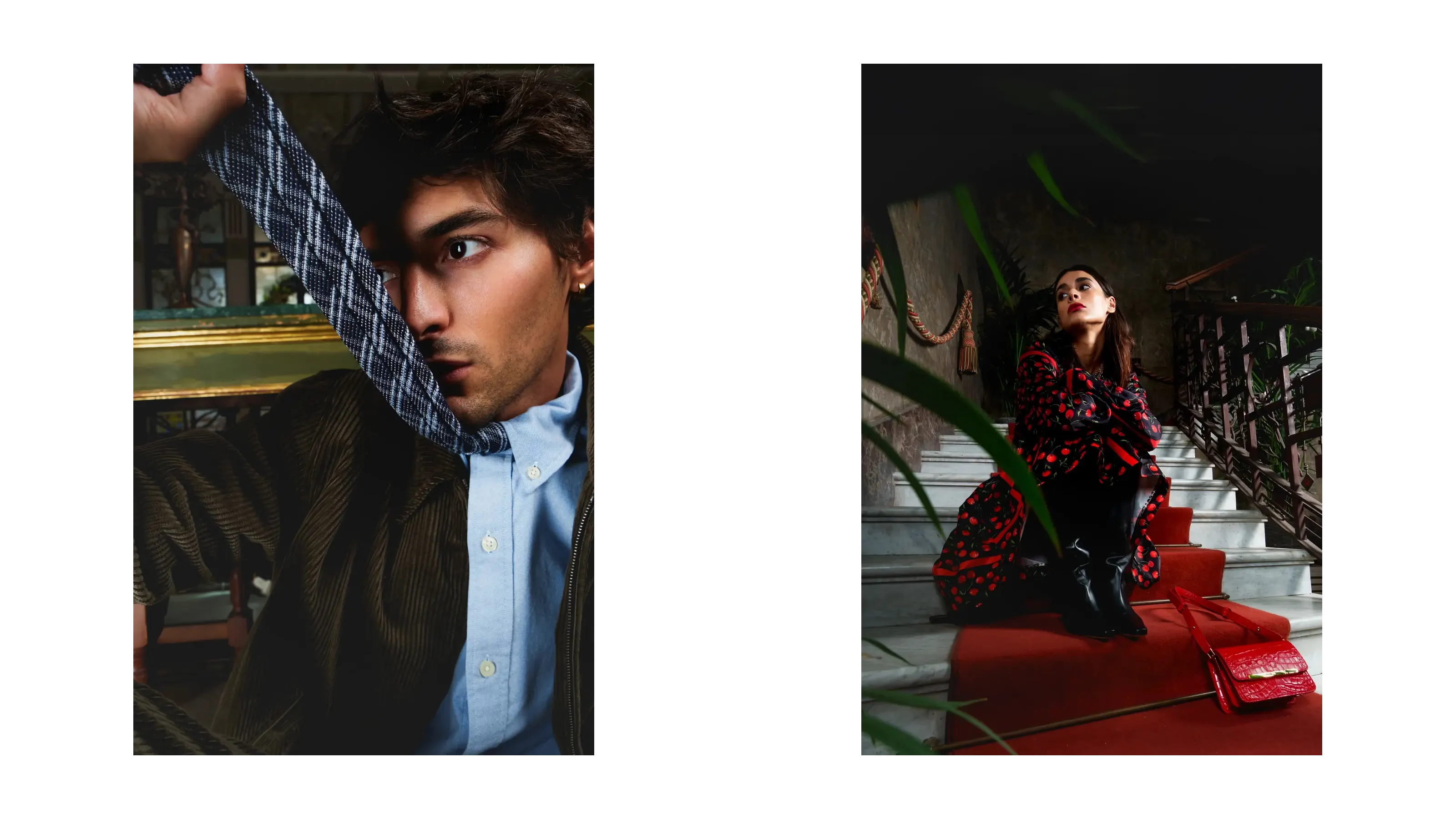 A striped tie held across a model's face, and a woman in a red printed dress on a marble staircase — MAXIMILIAN F/W campaign by Studio ONOM.