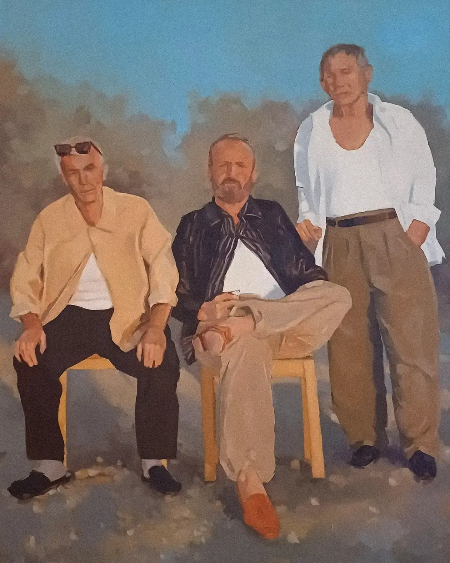 Oil painting of three older men in A Kind Of Guise clothing, commissioned for the Albania collection and painted by Constantin Spinner.