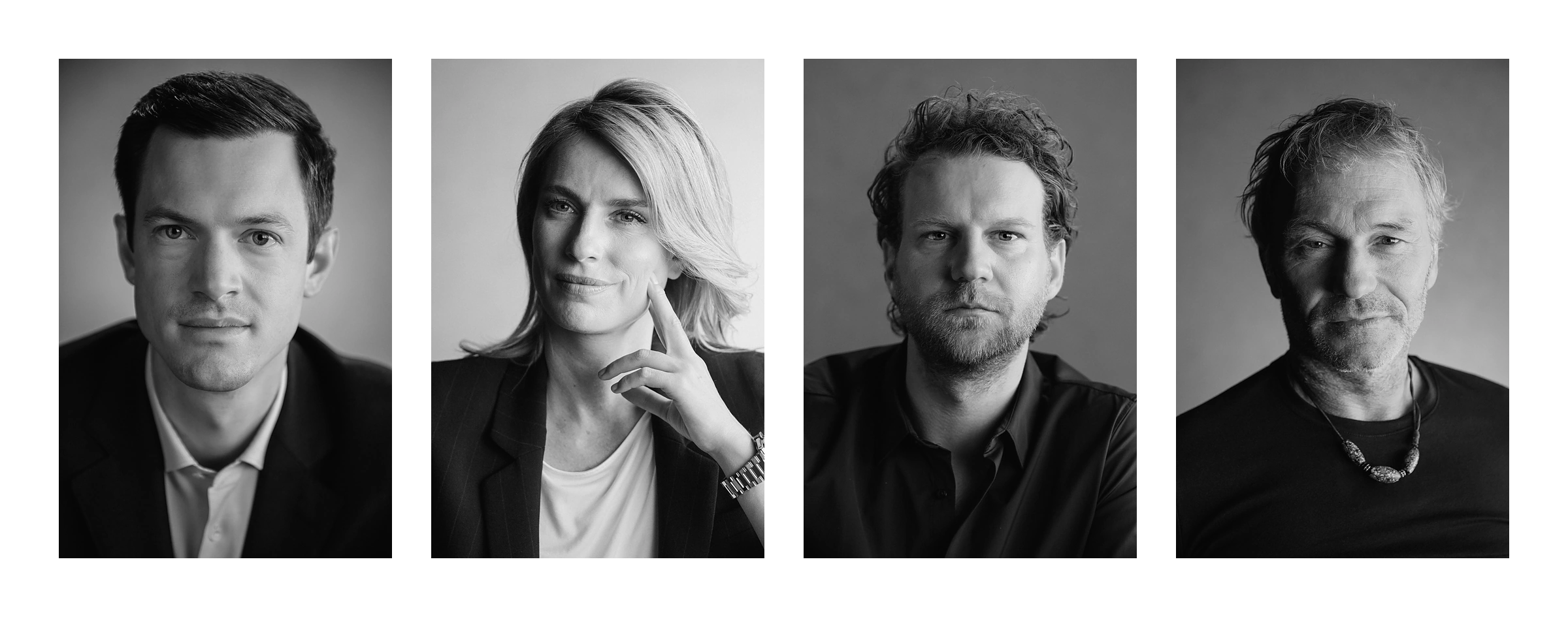 Four black-and-white studio headshots of the LÖBNER campaign cast, directed and produced by Studio ONOM