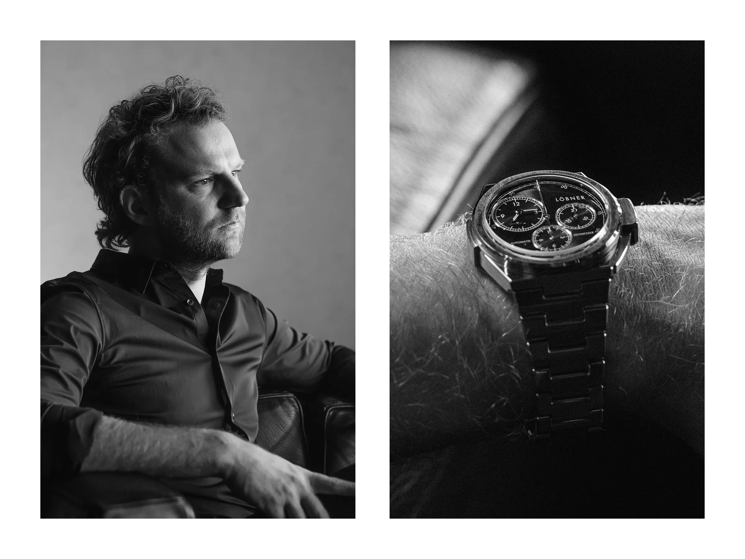 Jürgen Trummer in profile beside a macro shot of the LÖBNER chronograph, directed and produced by Studio ONOM