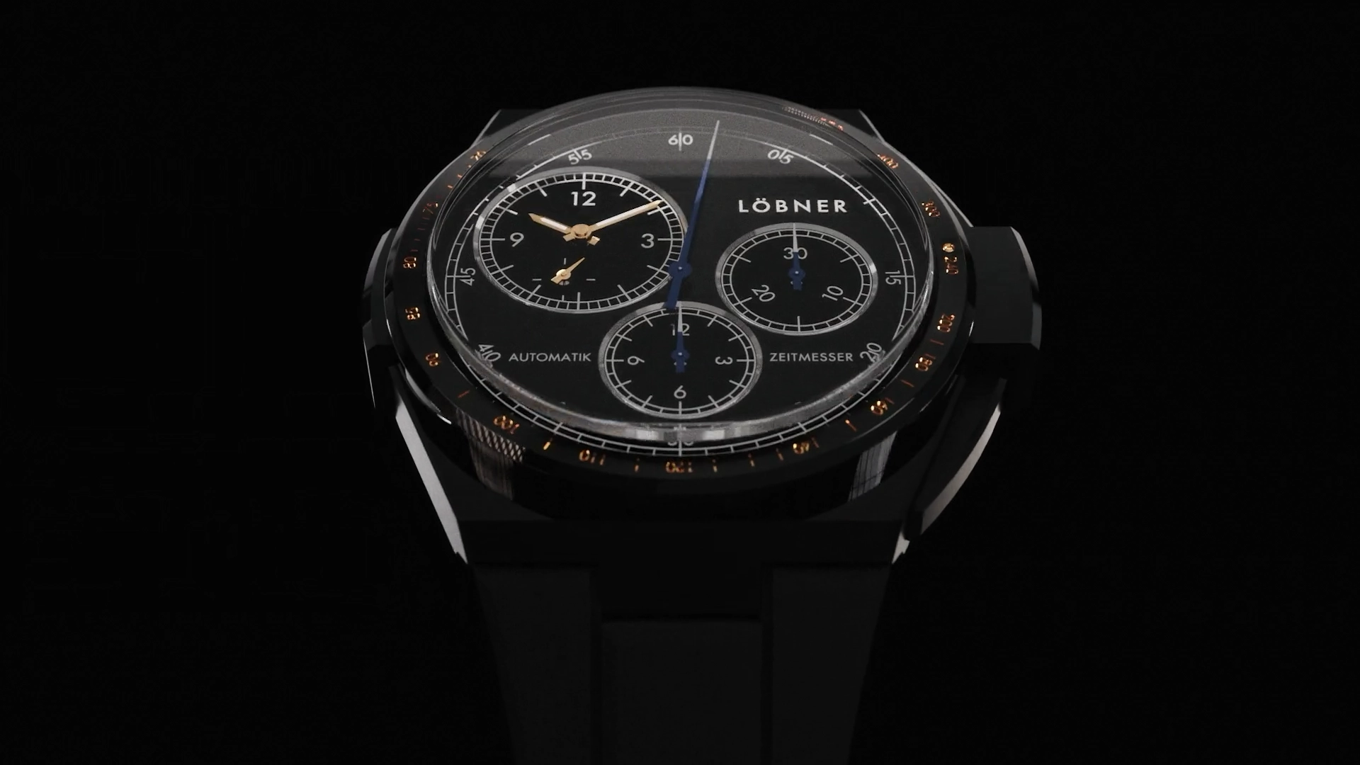 LÖBNER Steelracer Rocketman Limited Edition chronograph with galvano-black dial and blued hands, 3D product animation still by Studio ONOM