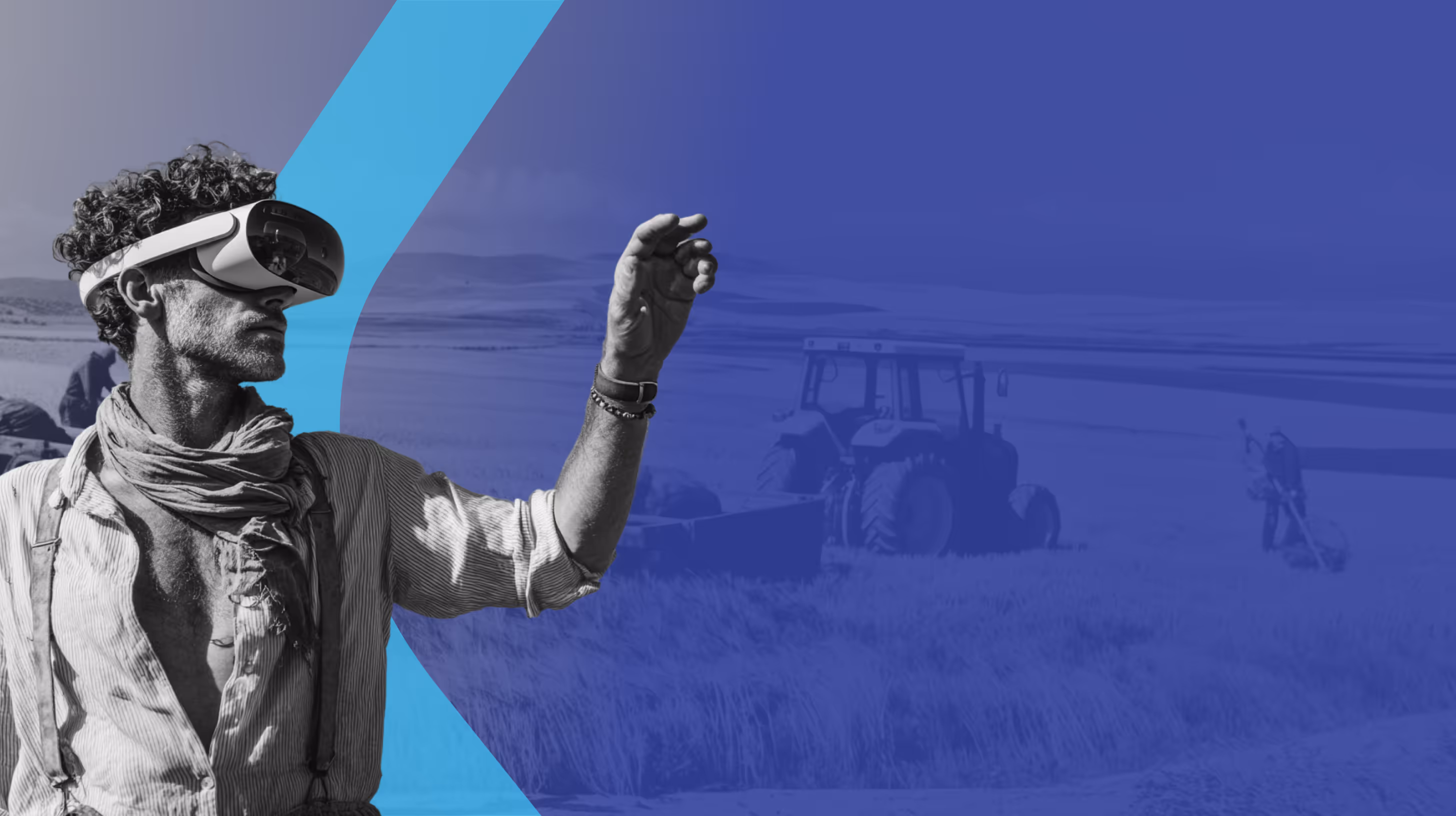 אישה צעירה בלבוש חלוצי עומדת בשדה חקלאי ואוחזת בטאבלט, על רקע נוף הררי וכפרי בשחור-לבן, עם קו עיצובי טורקיז בצורת חץ משתלב בקומפוזיציה.