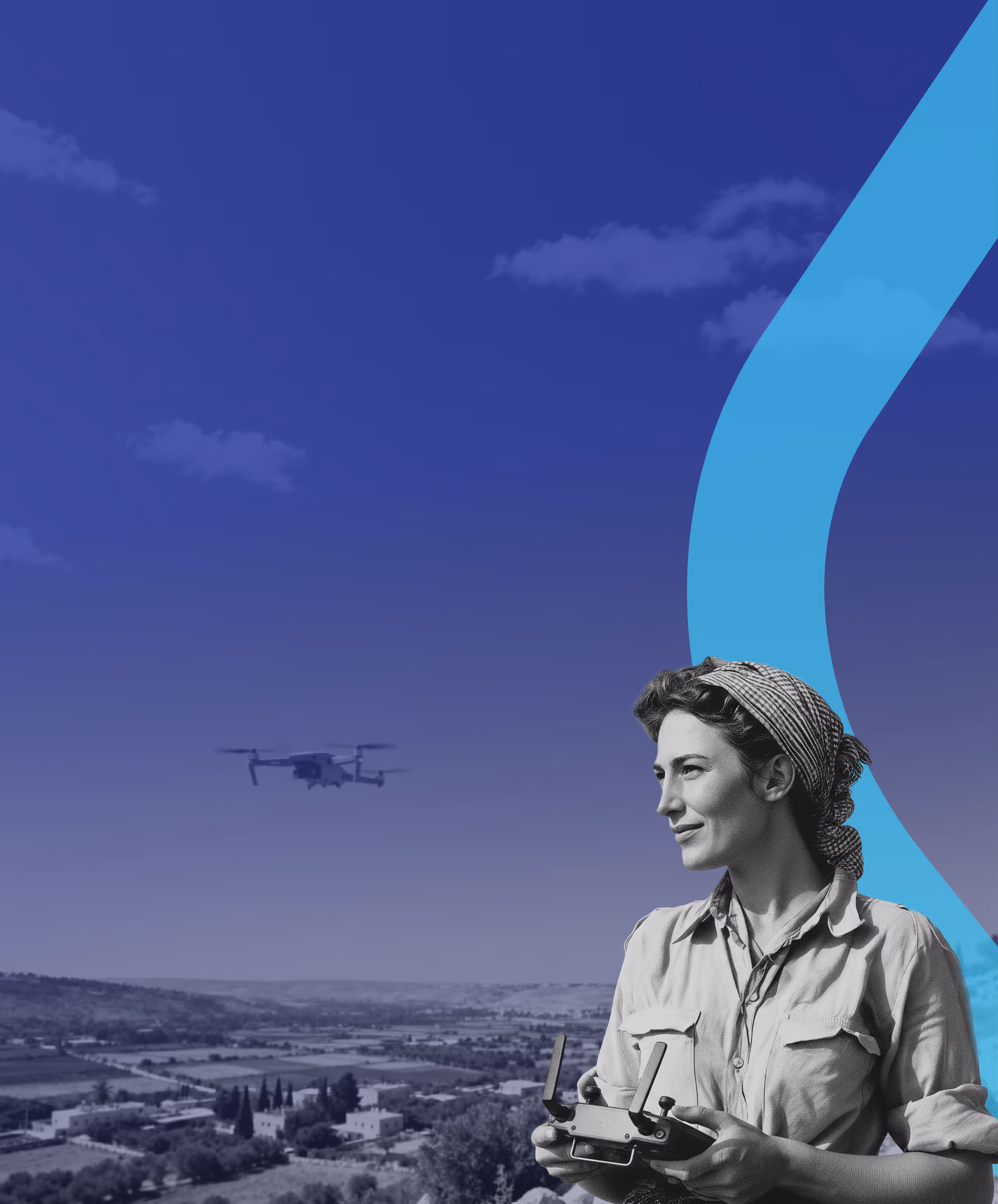 נערה צעירה בשדה חקלאי מחזיקה שלט רחוק ומטיסה רחפן באוויר, חובשת משקפי טיסה וסרט לראש; ברקע קבוצת צעירים בשדה וכפר הררי, עם אלמנט עיצובי טורקיז בצורת חץ החוצה את הסצנה.