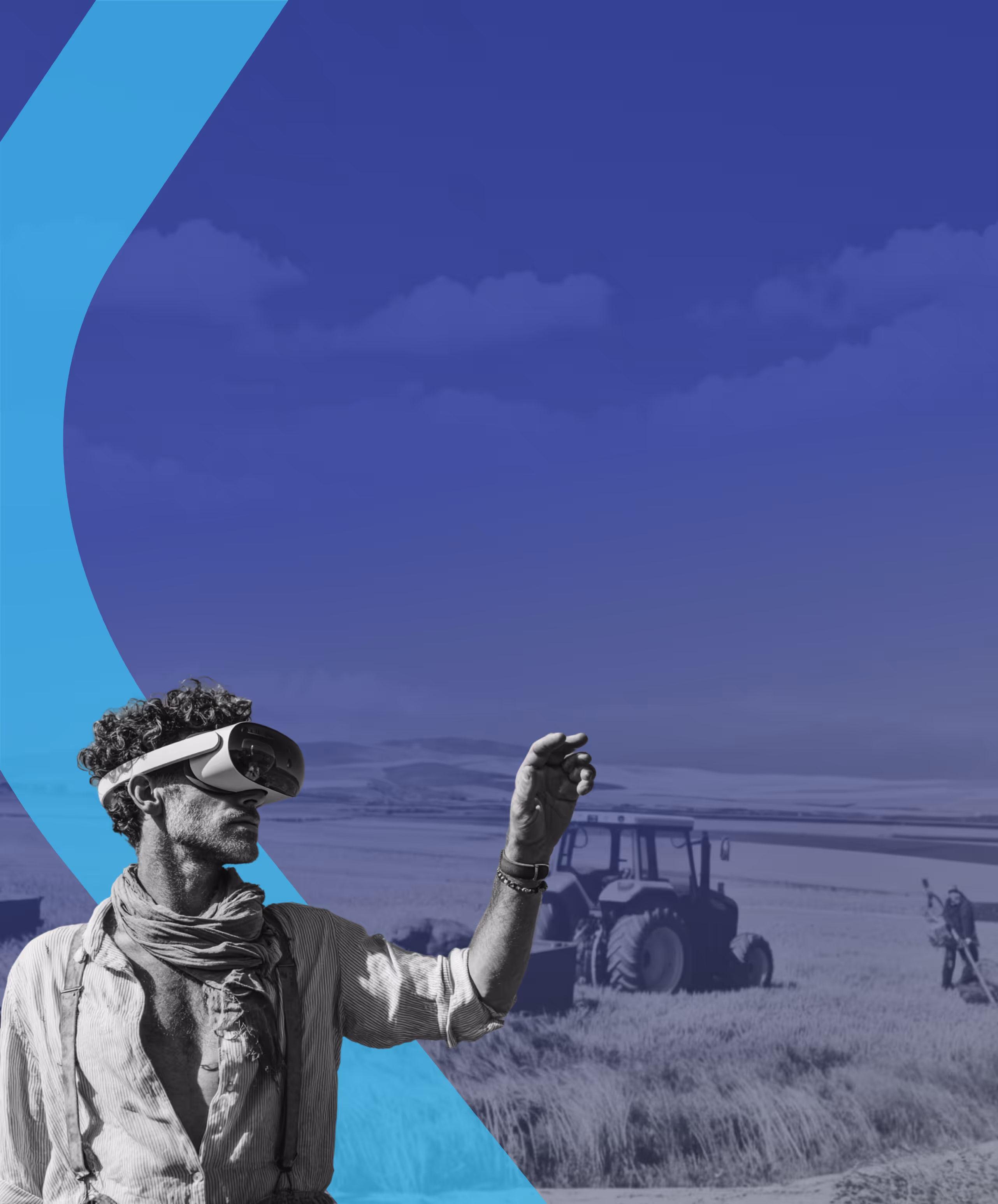 אישה צעירה בלבוש חלוצי עומדת בשדה חקלאי ואוחזת בטאבלט, על רקע נוף הררי וכפרי בשחור-לבן, עם קו עיצובי טורקיז בצורת חץ משתלב בקומפוזיציה.